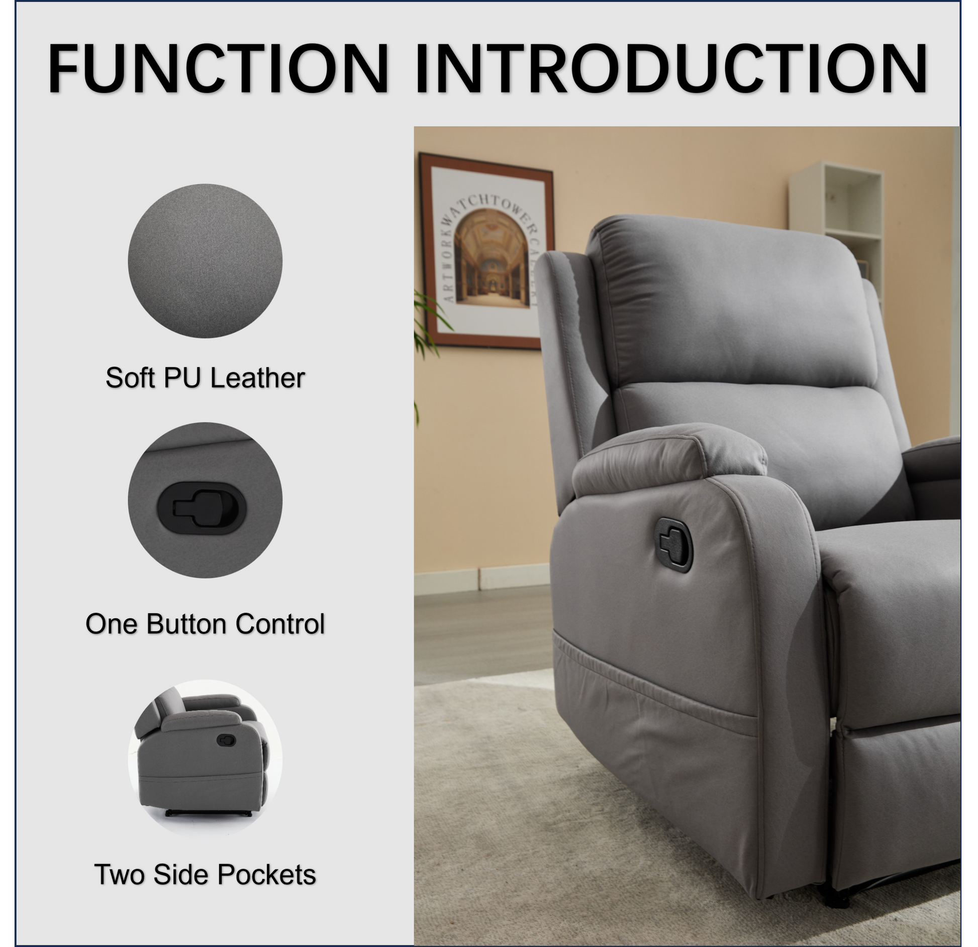 Best Choice Recliner Chair Living Room Reclining Sofa Chair, Home Theater Seating Modern Recliner, Manual Recliner Sofa Chair For Living Room Office Apartment, Easy To Reach Side Button Gray Gray Pu Leather