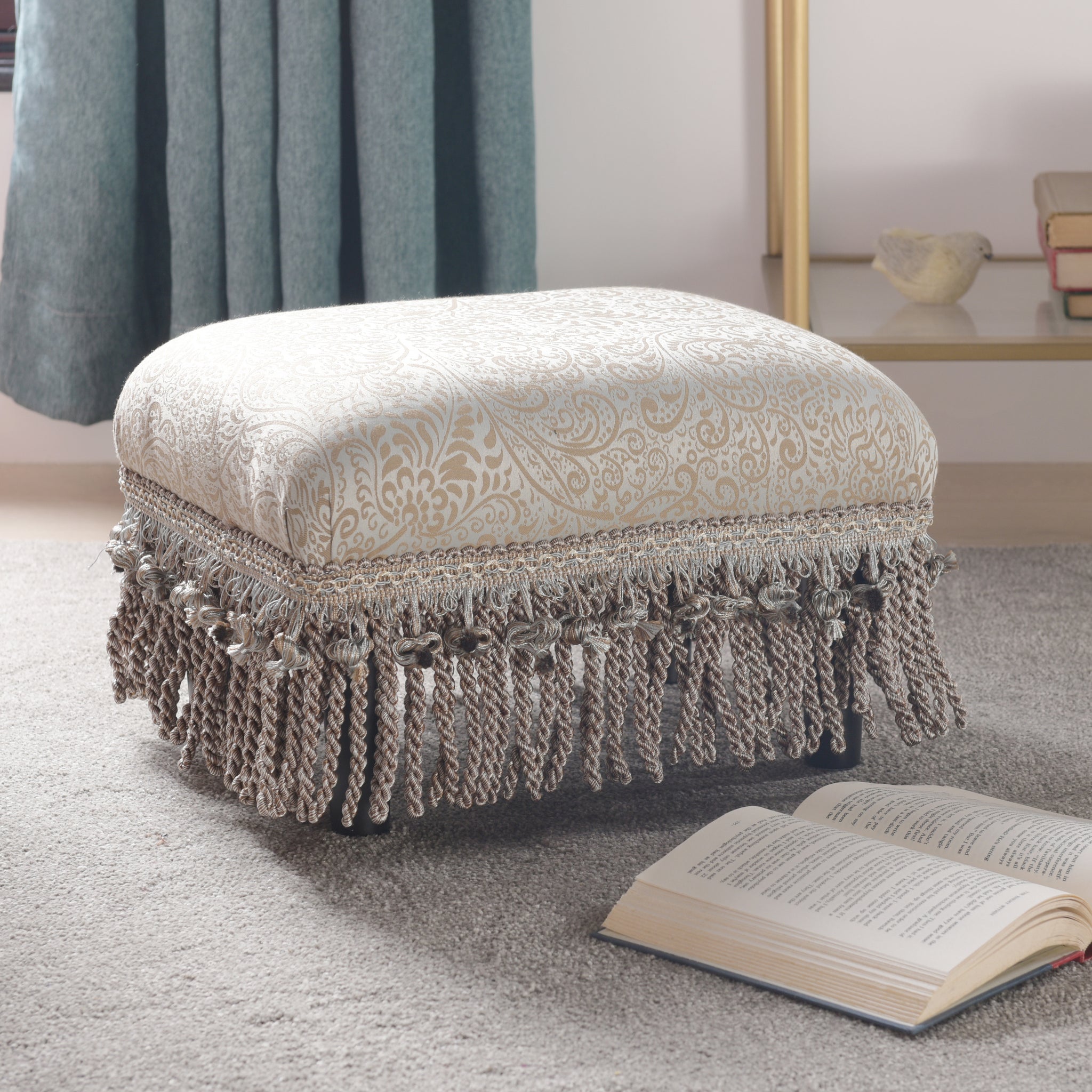 Fiona Accent Footstool Ottoman, Silvery Blue Beige Paisley Jacquard Beige Foam Fabric