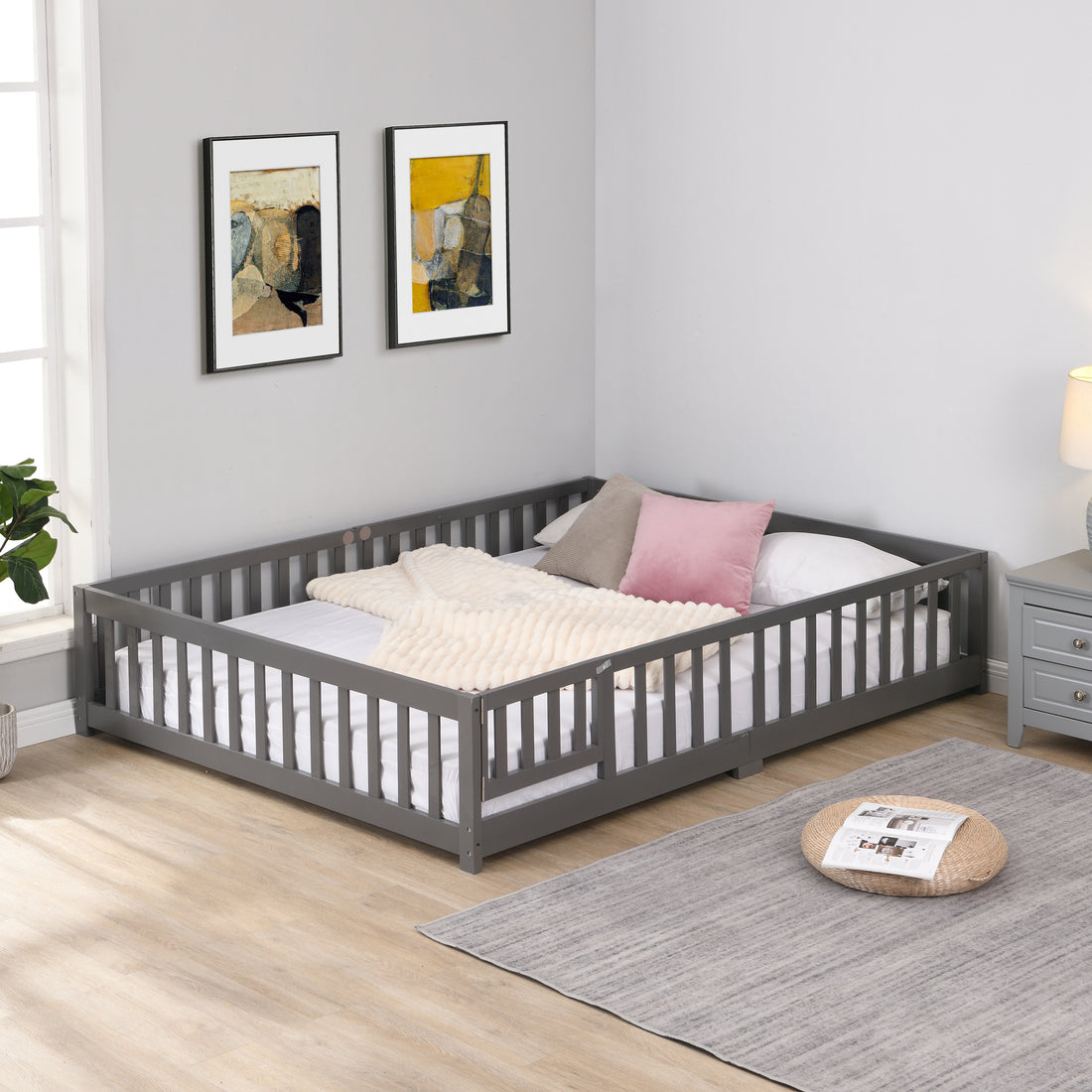 Queen Size Floor Bed With Door,Solid Wood Platform Bed Frame With Fence,Suitable For Children,Pine Wood,Gray Gray Wood
