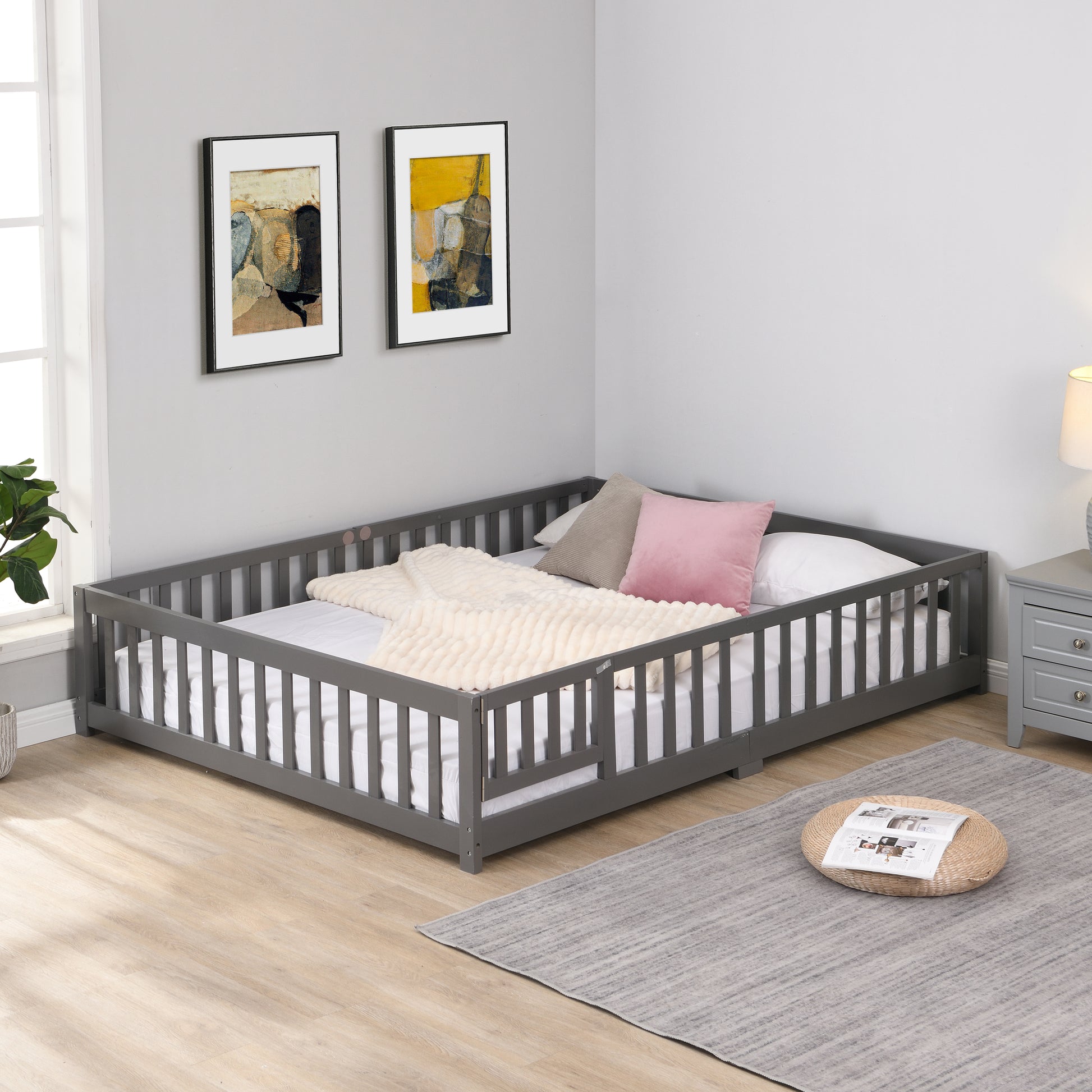 Queen Size Floor Bed With Door,Solid Wood Platform Bed Frame With Fence,Suitable For Children,Pine Wood,Gray Gray Wood