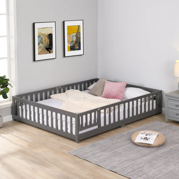 Queen Size Floor Bed With Door,Solid Wood Platform Bed Frame With Fence,Suitable For Children,Pine Wood,Gray Gray Wood