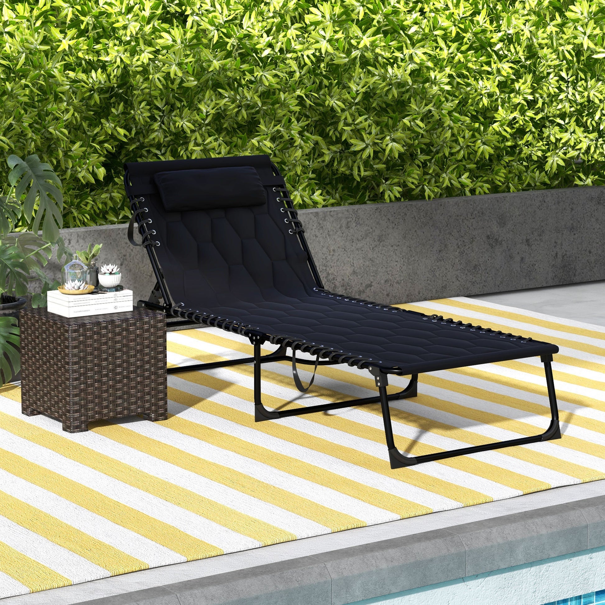 Outsunny Folding Chaise Lounge Set With 5 Level Reclining Back, Outdoor Lounge Tanning Chair With Padded Seat, Side Pocket & Headrest For Beach, Yard, Patio, Black Black Steel