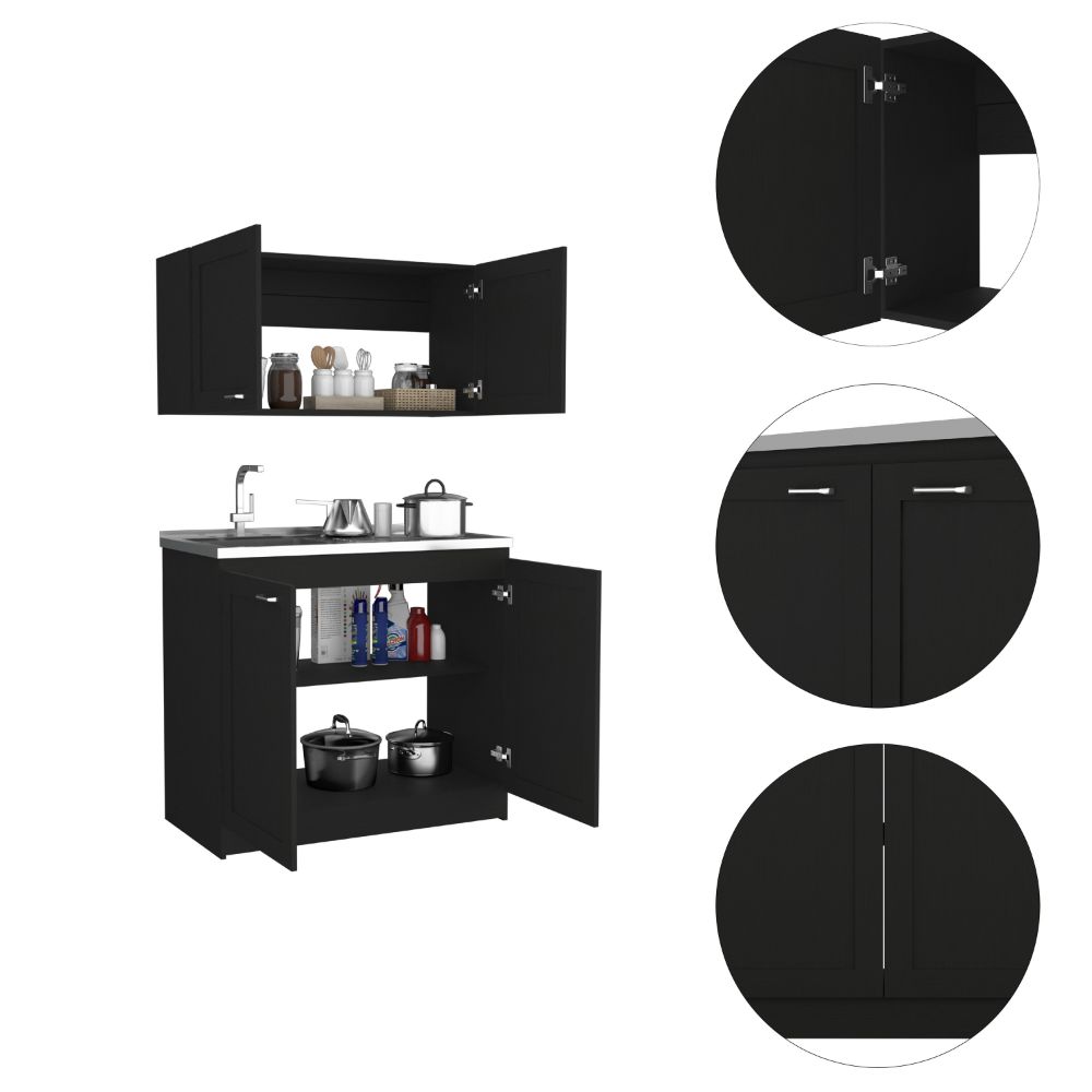 Cabinet, Two Parts Set, Black Black Solid Wood Mdf Engineered Wood