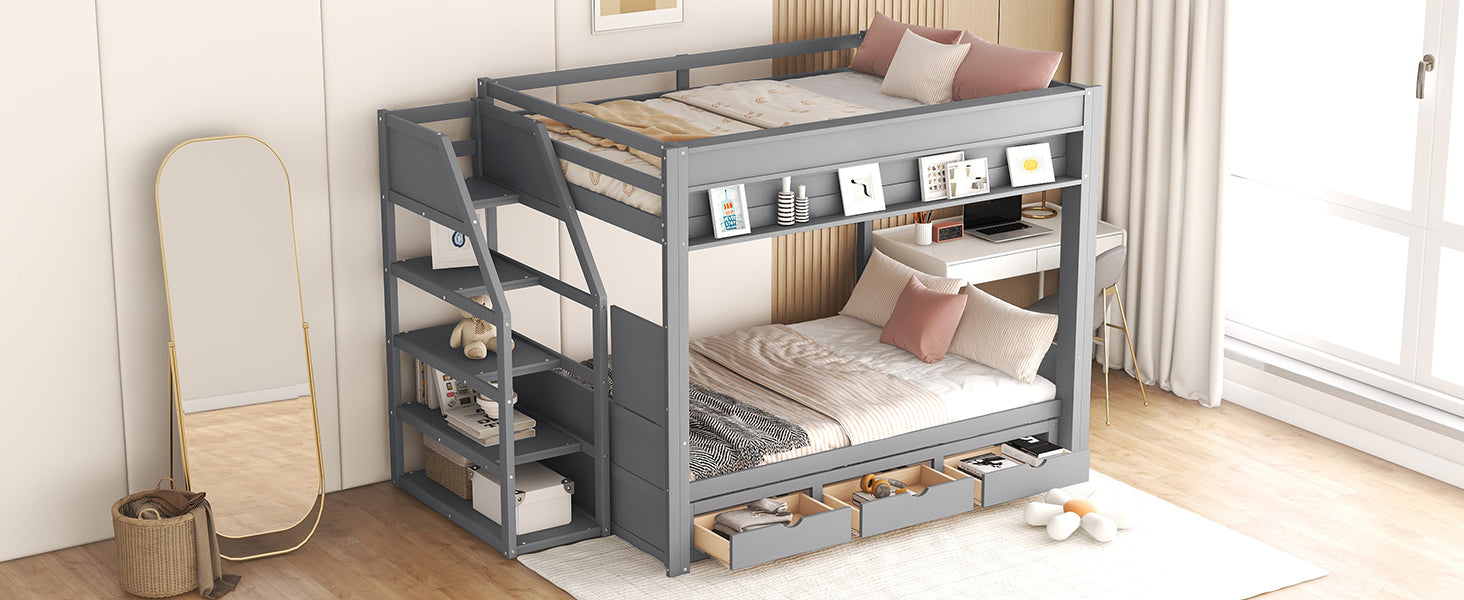 Wood Full Size Convertible Bunk Bed With Storage Staircase, Bedside Table, And 3 Drawers, Gray Gray Solid Wood Mdf