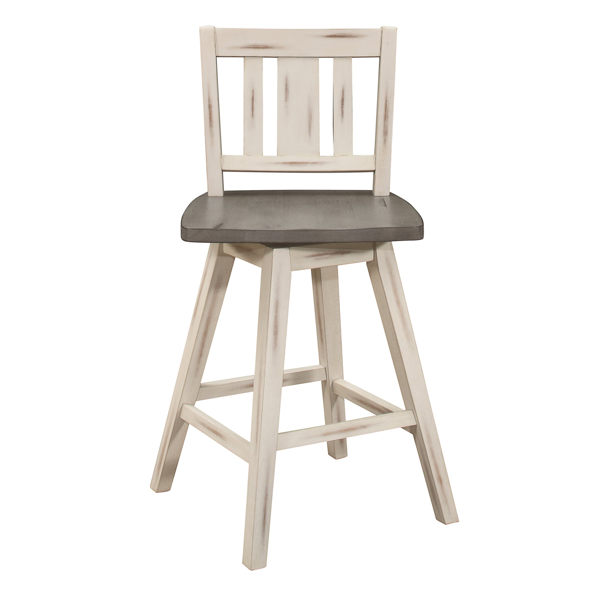 Counter Height Chairs Set Of 2, White Gray 360 Degree Swivel Chair Solid Rubberwood Kitchen Dining Furniture, Vertical Slat Back White Gray Dining Room Rustic Slat Back Solid Wood