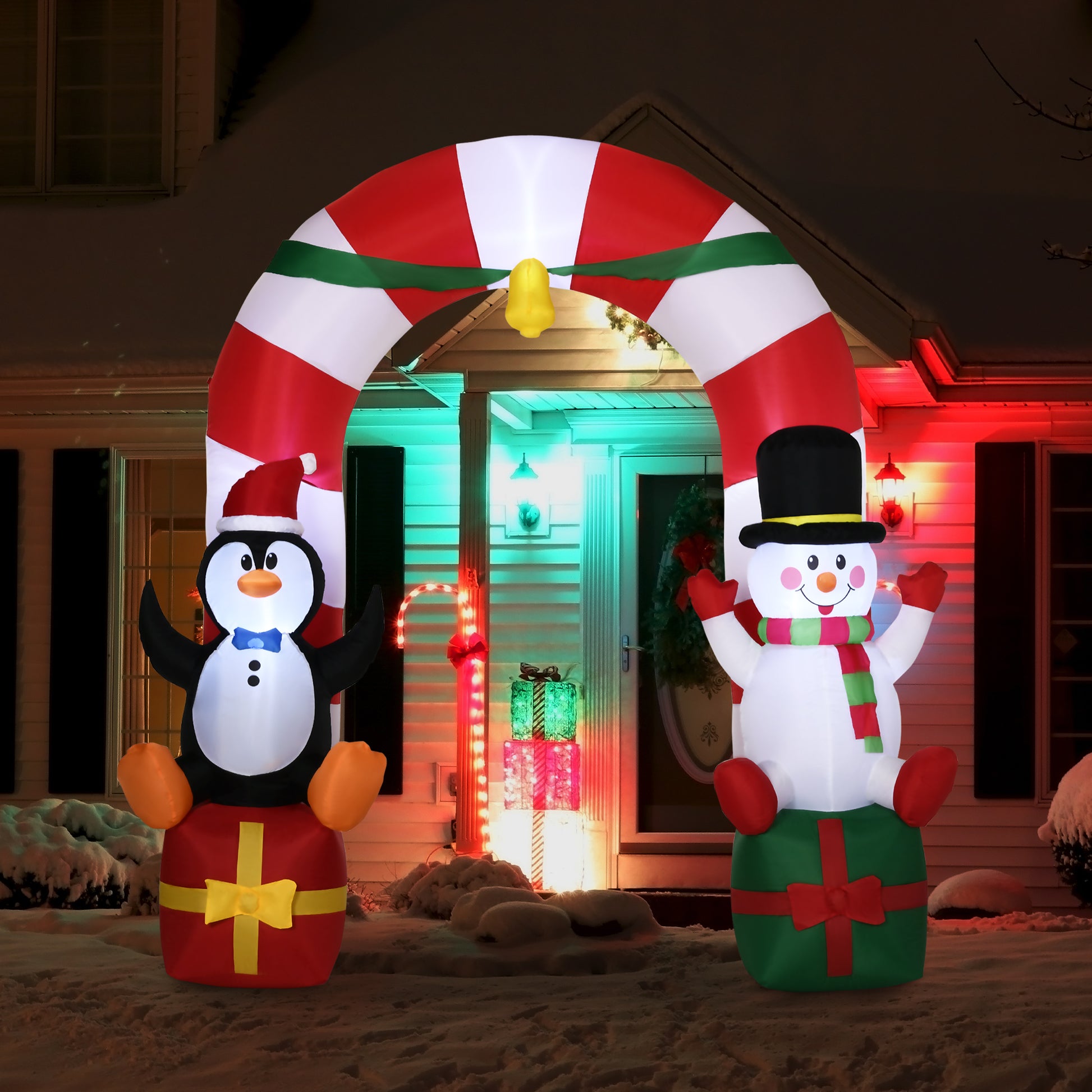 Outsunny 9Ft Christmas Inflatables Outdoor Decorations Candy Cane Archway With Penguin Snowman Sit On Gift Box, Blow Up Led Yard Christmas Decor For Lawn Garden White Polyester