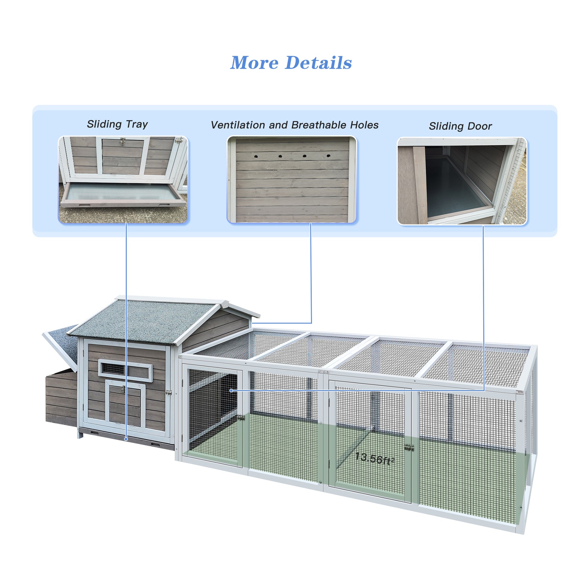 118 Wooden Chicken Coop Hen House Poultry Cage With Free Range Doors, Nesting Box,Leakproof Pull On Tray Gray Wood