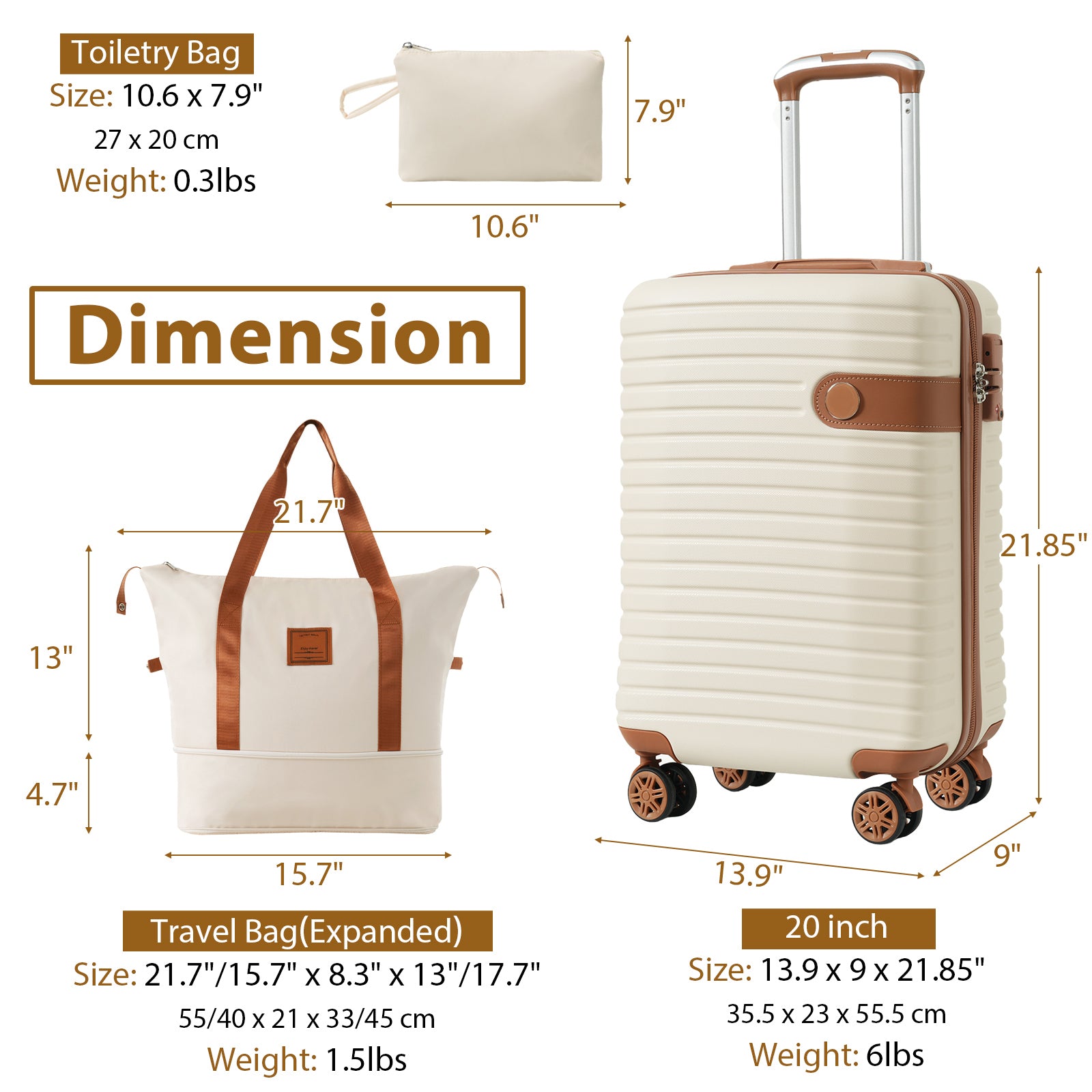 Luggage Sets 3 Piece Carry On Luggage 22X14X9 Airline Approved, Lightweight Hardshell Abs Suitcases With Wheels, 20 Inch, Cream Cream Abs