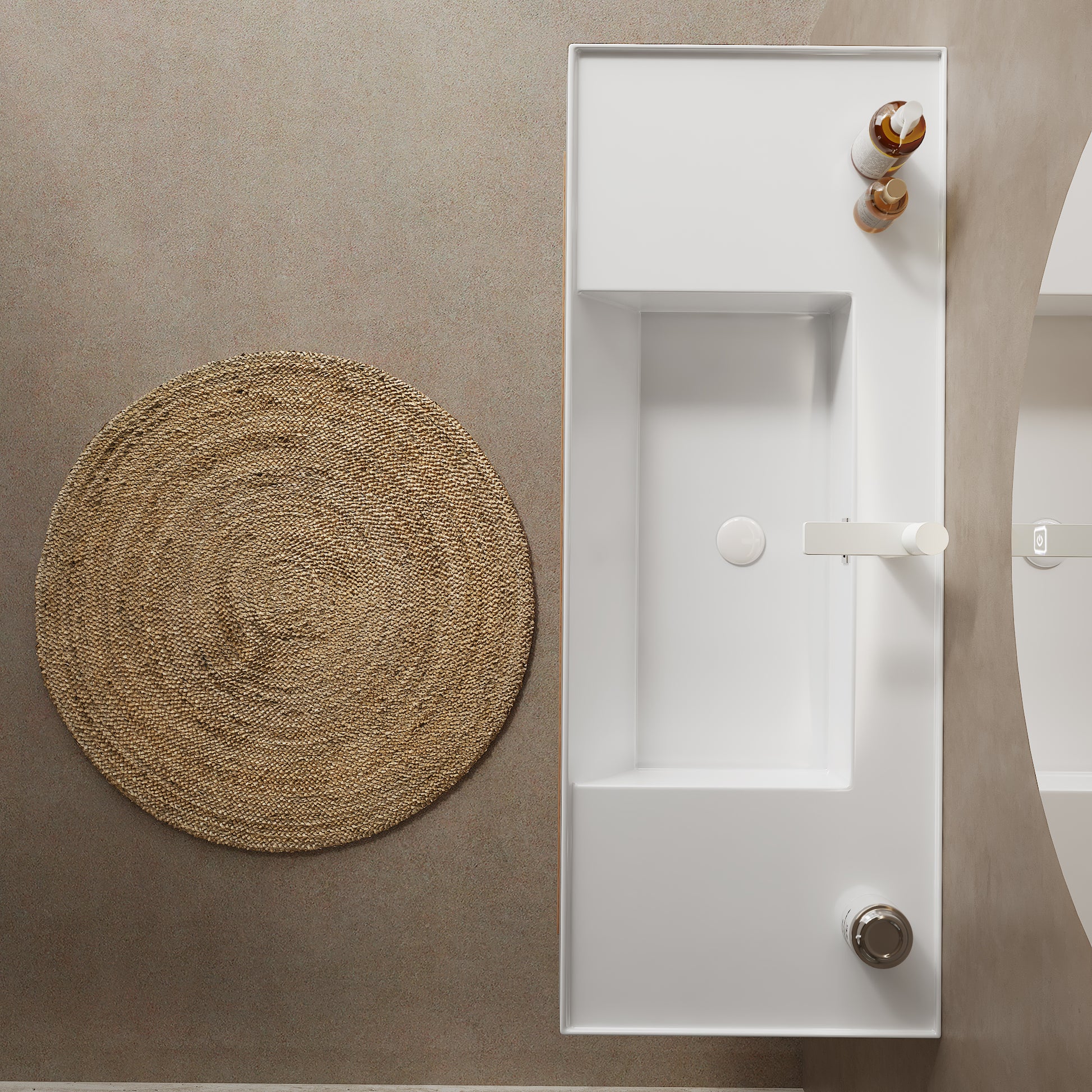 Lede 48" Bathroom Vanity With Vessel Sink, Wall Mounted Floating White Rectangular Acrylic Integrated Basin Without Faucet, Striped Shelves Layer, Natural Wood Natural Wood,White Bathroom