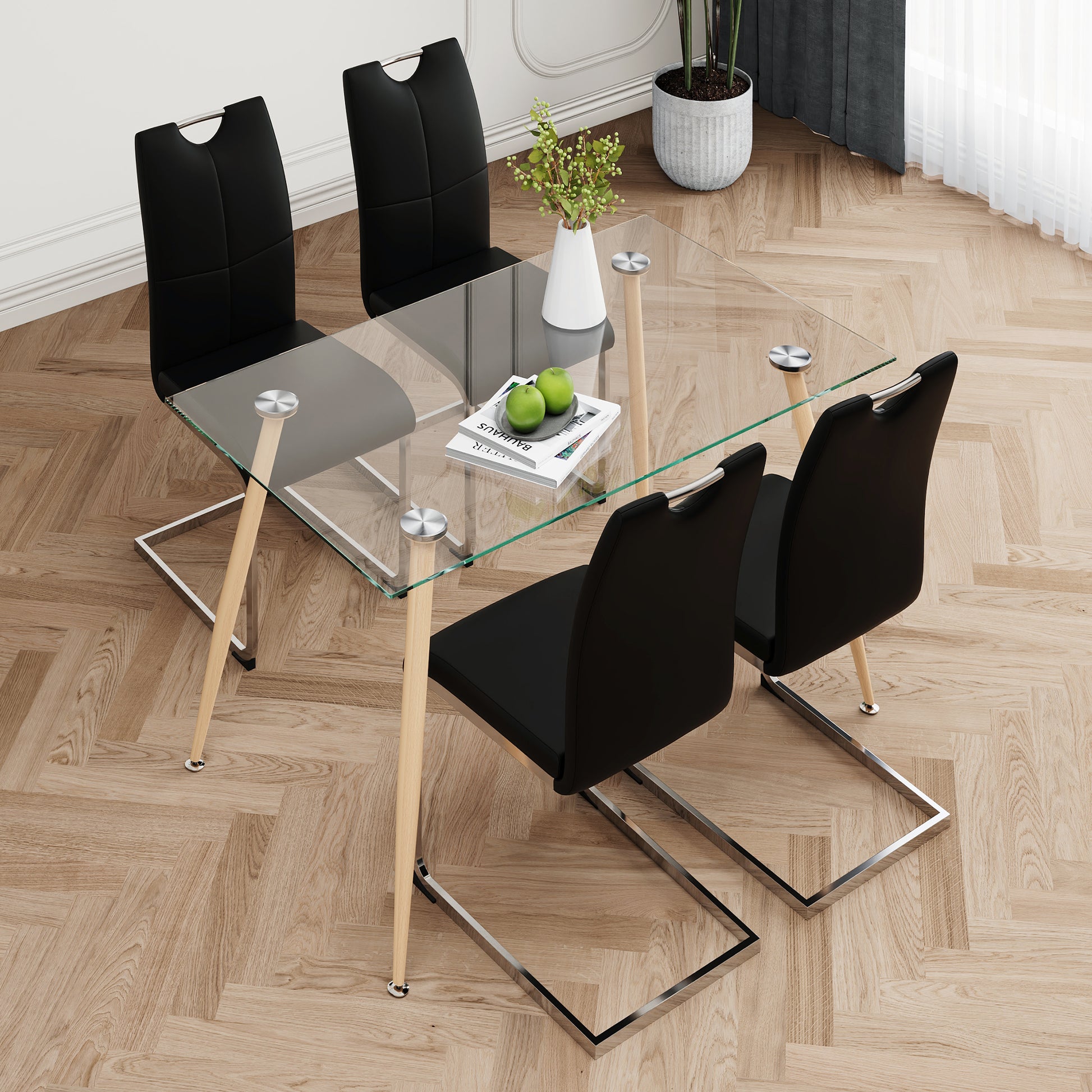 Modern Simple Rectangular Glass Dining Table, Solid Tempered Glass Countertop, Wood Transfer Metal Table Legs, Black Pu Dining Chair Set, Suitable For Restaurant Kitchen Use Set Of 5 Upholstered Chair Glass Black Seats 4 Metal Rectangular Dining Table