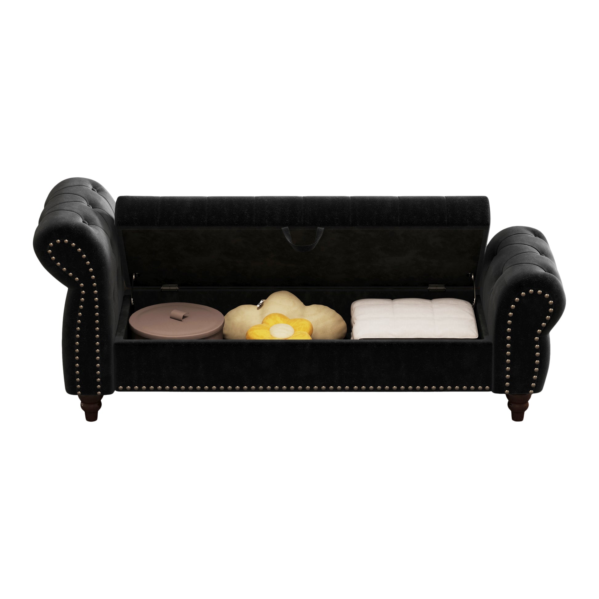 64.5" Bed Bench For Bed Room Nails Tufted Chaise Of Lounge With Storage Velvet Upholstery Black Black Bedroom Foam Velvet