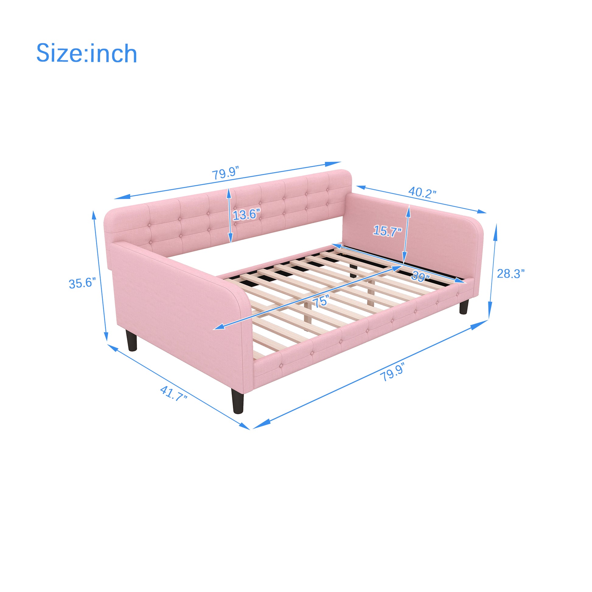 Twin Size Upholstered Tufted Daybed With 4 Support Legs, Pink Box Spring Not Required Twin Pink Wood Bedroom Daybeds Linen Upholstered