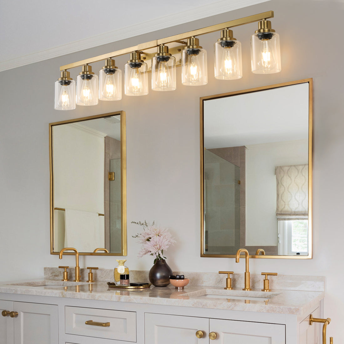 Golden 8 Light Vanity Light With Clear Glass Shades, Modern Iron Metal Bathroom Wall Fixture For Mirror, Ideal For Bathroom And Dressing Table No Bulbs Golden Glass Iron