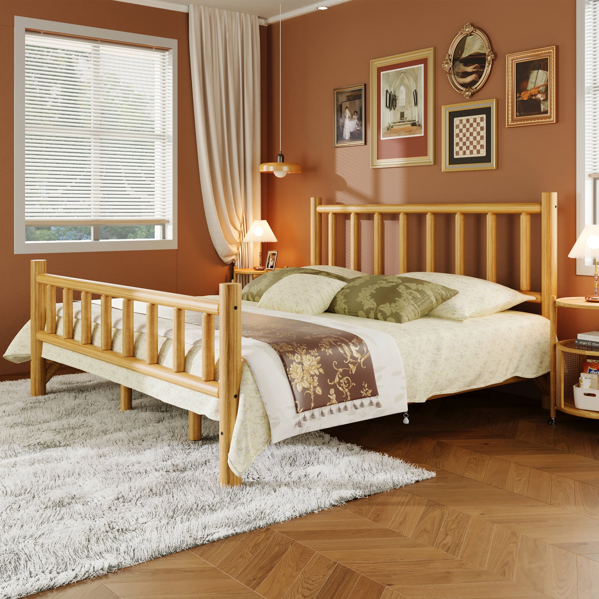 Farmhouse Log Bed Frame King Rustic Style Pure Solid Pine Cylinder Construction Bed Fits Mattresses And Box Springs, Natural Finish King Natural Pine