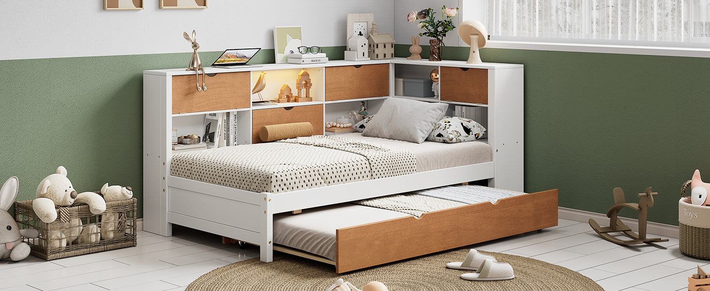 L Shaped Bed Frame With Trundle And And Bookcase,Corner Bed Wooden Captain Bed With Led Downlight And Usb Port For Small Room,Bedroom, Guest Room, Twin Size, Walnut And White Box Spring Not Required Twin White Walnut Wood Bedroom Modern Pine Bed Frame