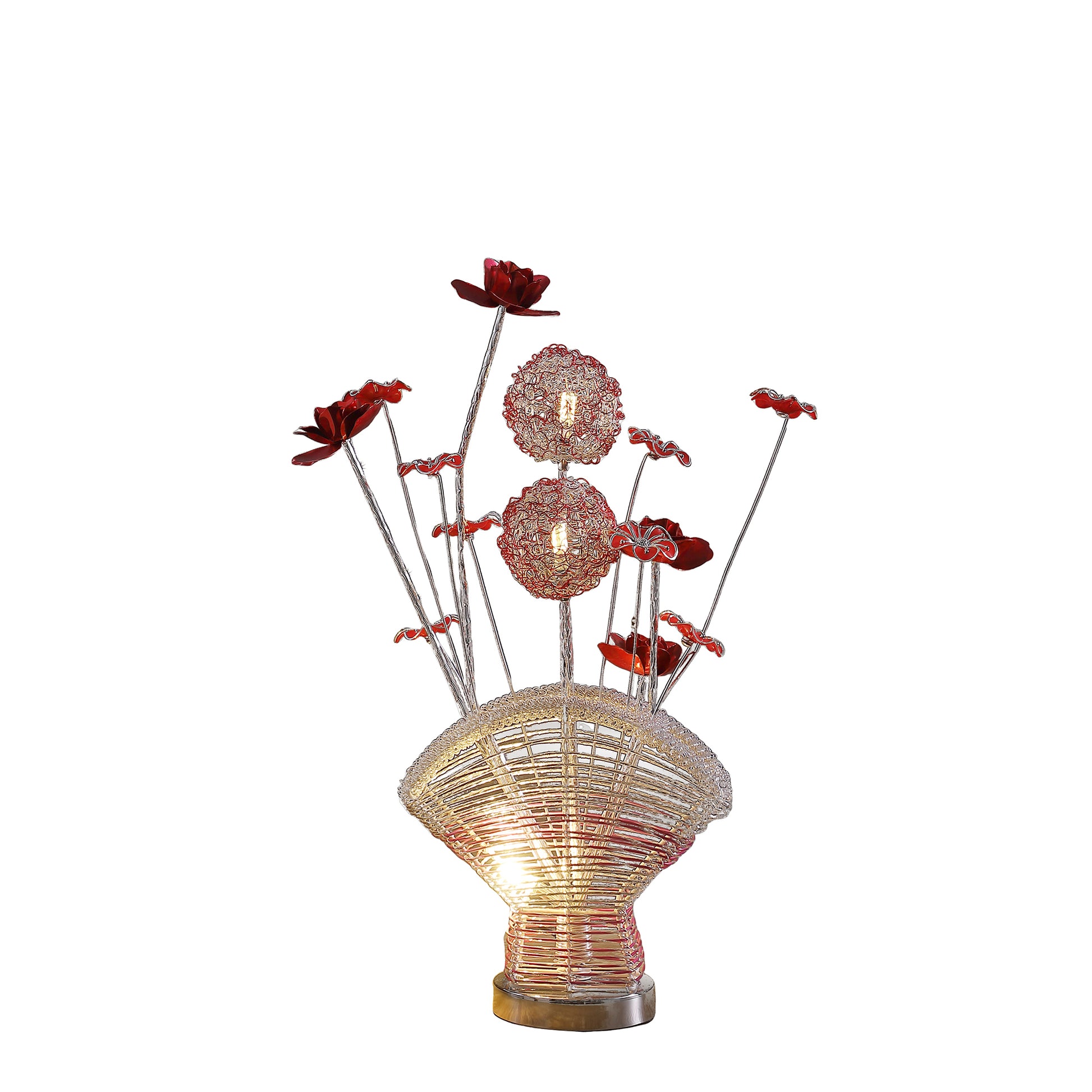 Aluminum 4 Red Roses 6 Petal Floral 2 Red Silver Flower Bud On A Fan Aluminum Vase Table Lamp For Living Room, Nightstand Bedside Table Lamp For Bedroom, Led Lamp Multicolor Aluminium