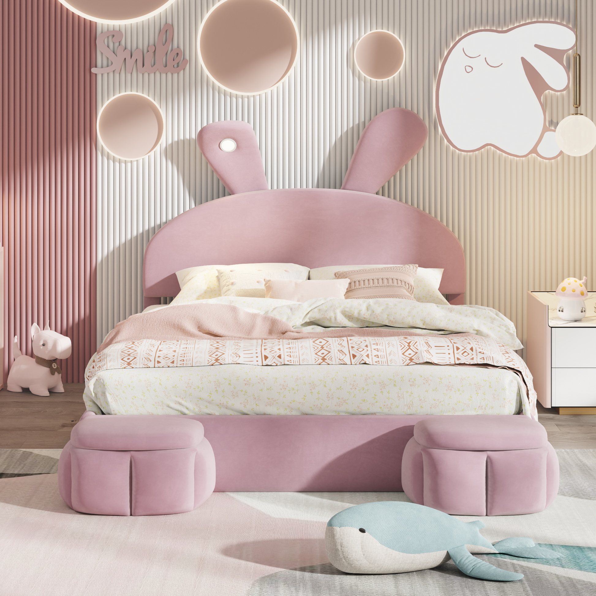 Full Size Upholstered Platform Bed With Cartoon Ears Shaped Headboard And Light, Pink Box Spring Not Required Full Pink Wood Bedroom Bed Frame Velvet Upholstered