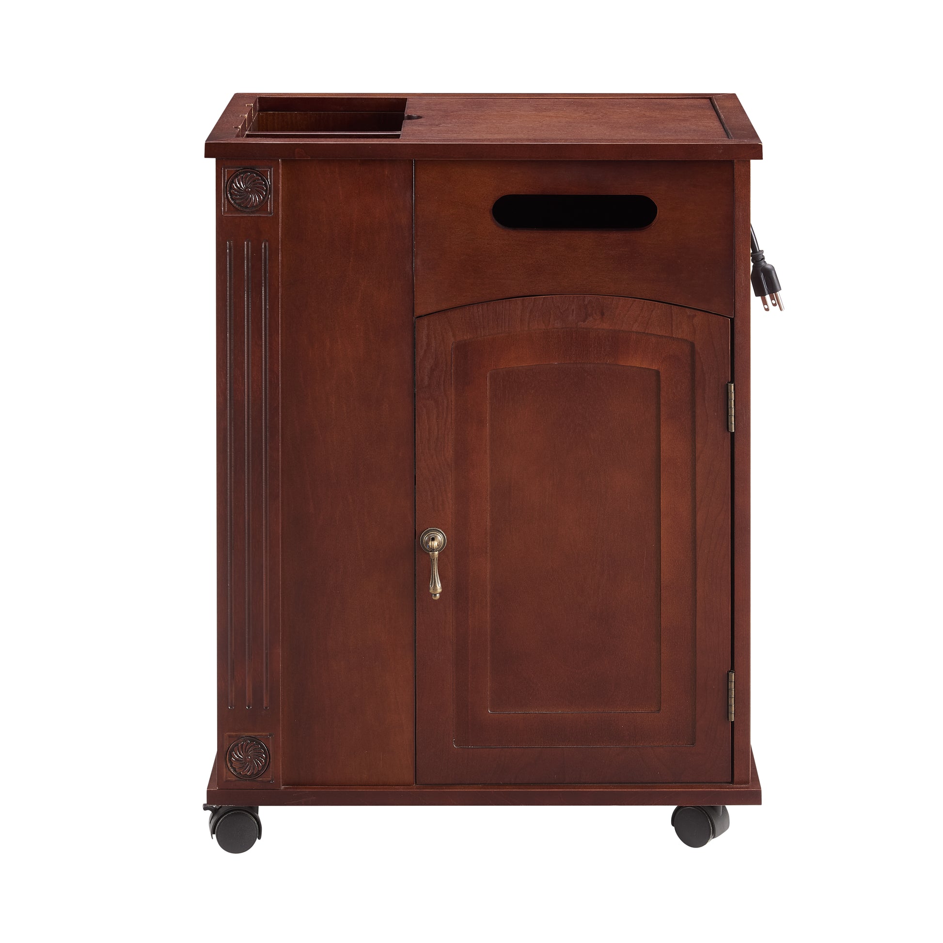 Powered Traditional End Table With Charging Station, Narrow Side Table With Usb Ports And Outlets, Nightstand With Storage, Bedside Tables With Wheels For Living Room, Bedroom,Red Walnut Walnut