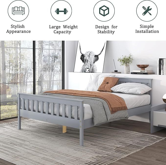 Full Bed Frames With Headboard, Solid Wooden Platform Bed With Corner, Modern Low Profile Bed Frame, No Box Spring Needed, Grey Full Grey Wood