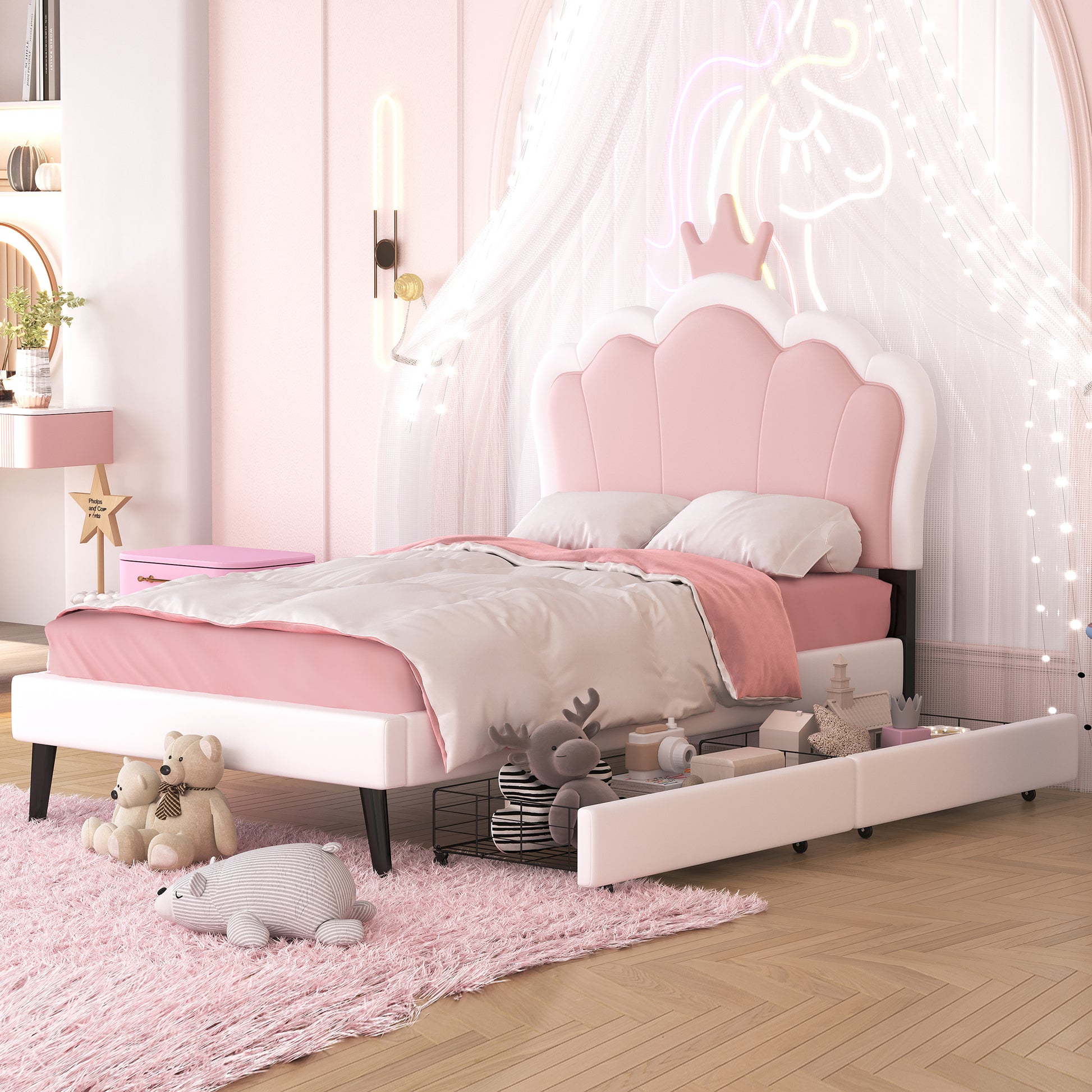 Twin Size Upholstered Princess Bed With Crown Headboard And 2 Drawers,Twin Size Platform Bed With Headboard And Footboard, Pink White Twin White Pu