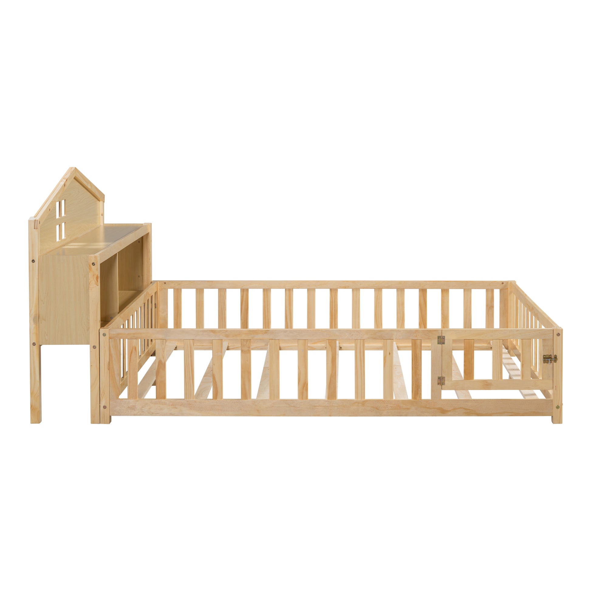 Full Size Floor Beds With Bookcases And Blackboards, Versatile Platform Beds With Guard Rails, Solid Wood Floor Beds With Storage Headboards, Floor Beds For Kids And Teens Natural Full Natural Plywood