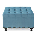 Large Square Storage Ottoman With Wooden Legs, Upholstered Button Tufted Coffee Table With Nail Trims,Light Blue Espresso Wood Primary Living Space Solid Black Rubberwood Wood Tufted Light Blue Linen Linen Or Linen Blend Medium Soft Backless American