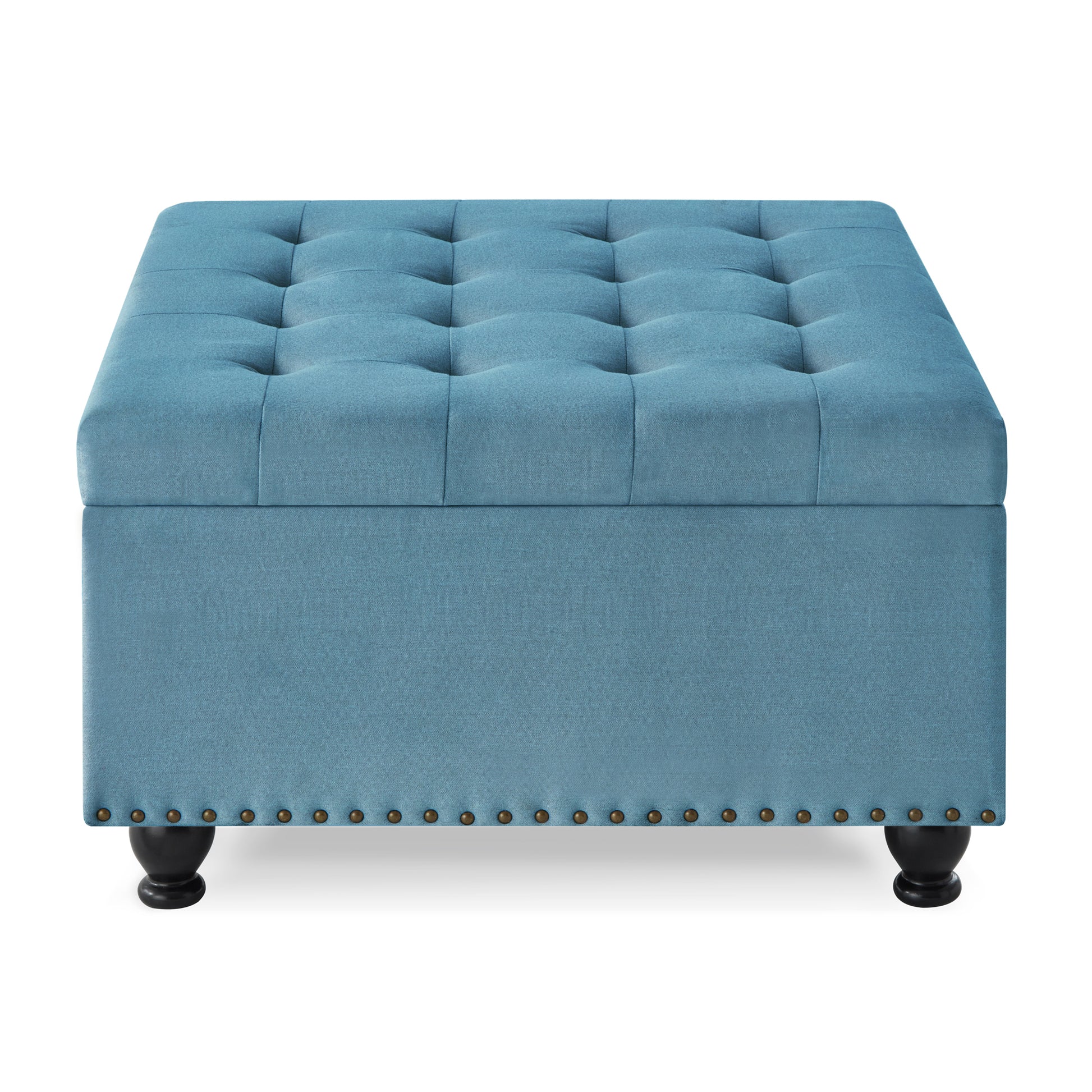 Large Square Storage Ottoman With Wooden Legs, Upholstered Button Tufted Coffee Table With Nail Trims,Light Blue Espresso Wood Primary Living Space Solid Black Rubberwood Wood Tufted Light Blue Linen Linen Or Linen Blend Medium Soft Backless American