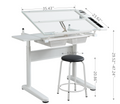 Hand Crank Adjustable Drafting Table Drawing Desk With 2 Metal Drawers White With Stool White Glass Metal