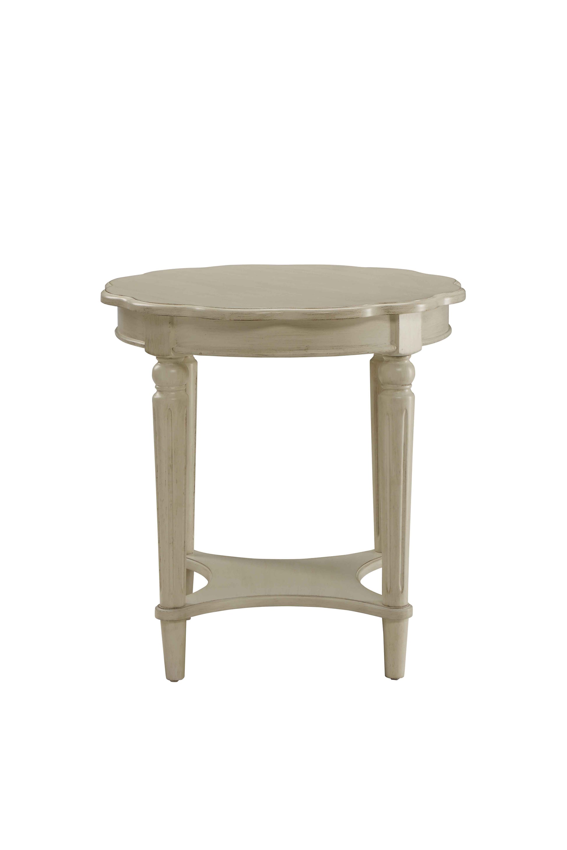 Antique White End Table With Bottom Shelf Antique White Primary Living Space Shelves Round Wood Metal