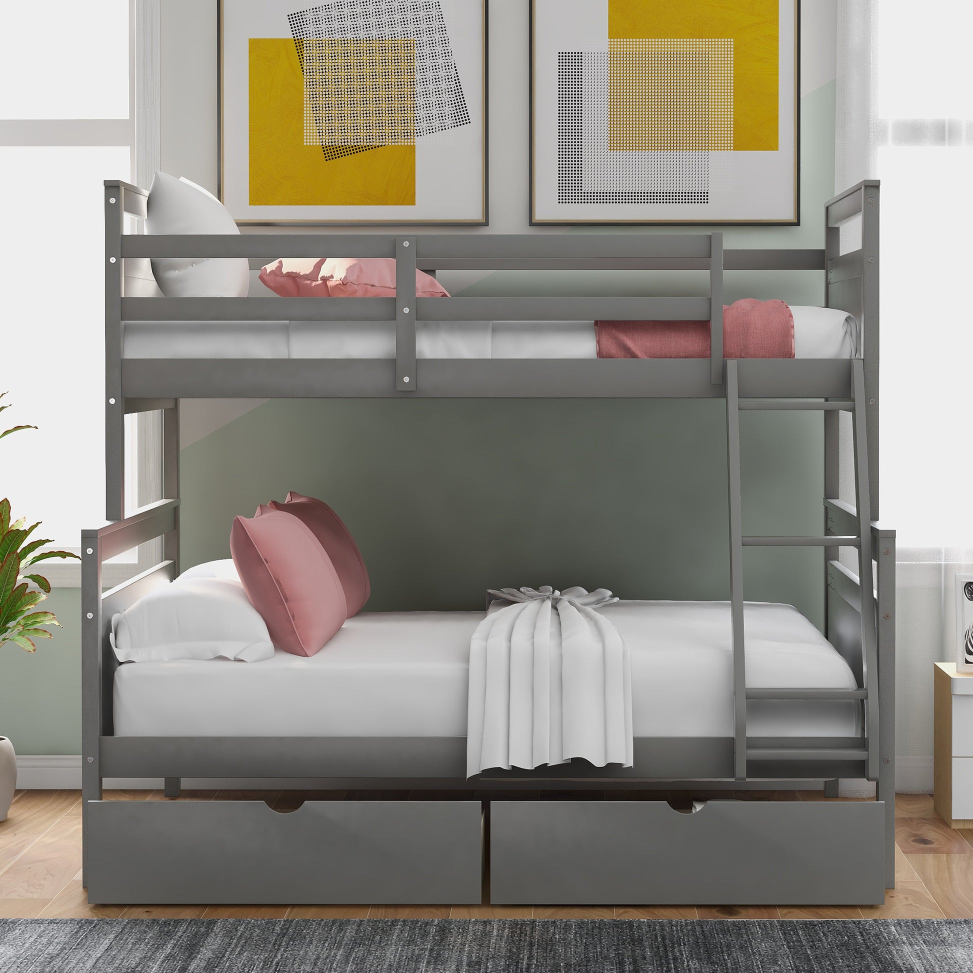 Twin Over Full Bunk Bed With Ladder, Two Storage Drawers, Safety Guardrail, Gray Twin Box Spring Not Required Gray Bedroom Bunk Pine