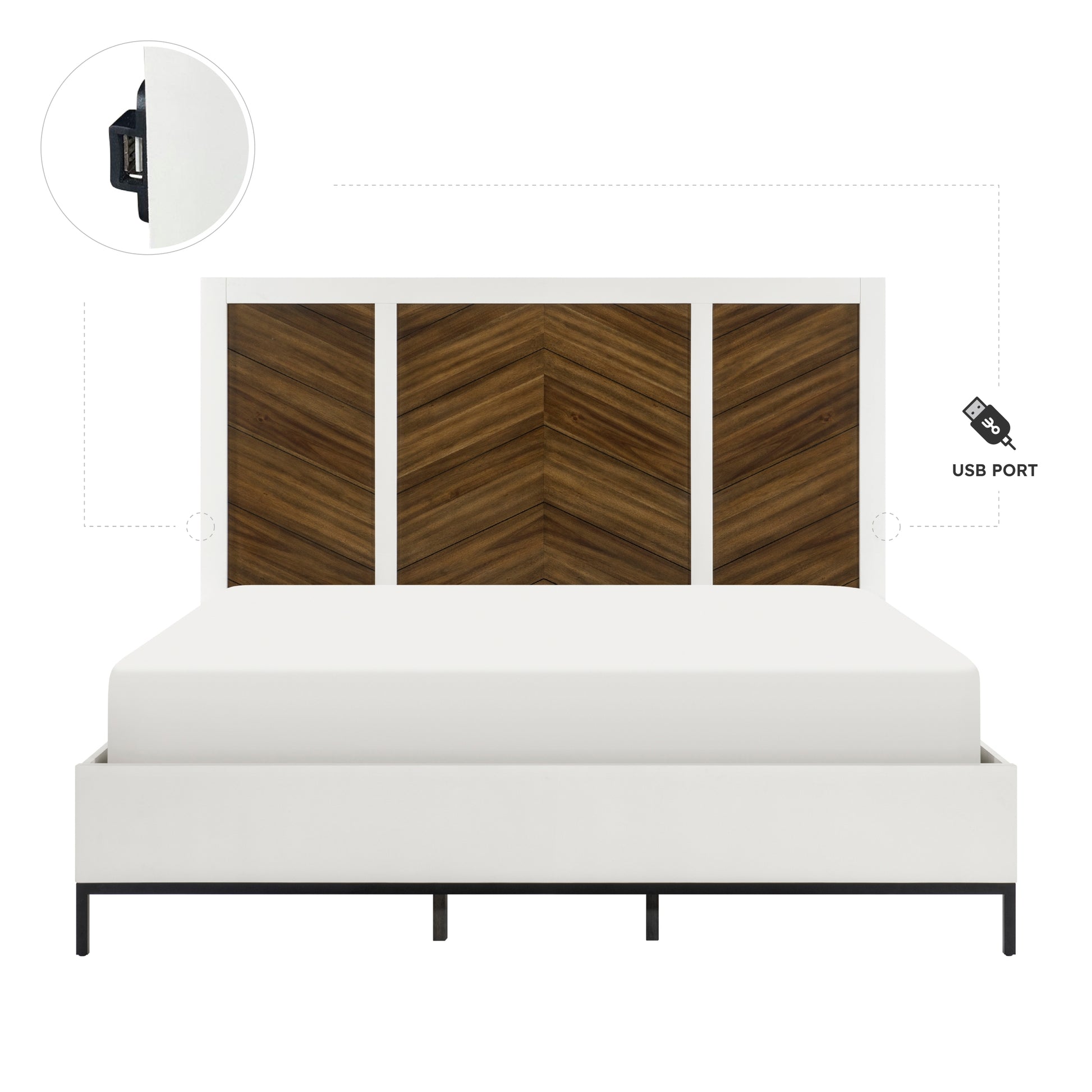 Beautiful White And Walnut Finish 1Pc Queen Bed Chervon Wood Headboard With 2 Usb Ports Modern Bedroom Furniture Box Spring Required Queen White Walnut Bedroom Wood