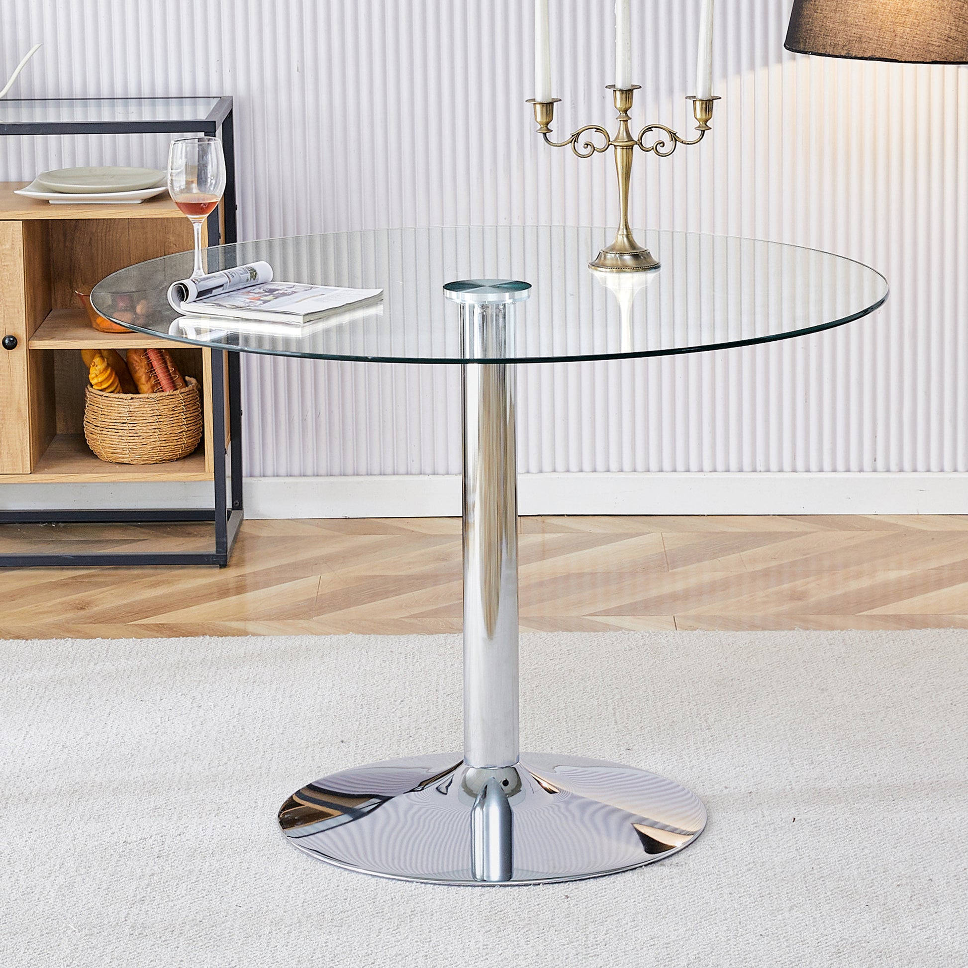 A Glass Tabletop With A Diameter Of 39.7 Inches And A Modern Minimalist Circular Dining Table With Electroplated Silver Metal Legs. Suitable For Restaurants, Living Rooms, And Conference Rooms.Dt