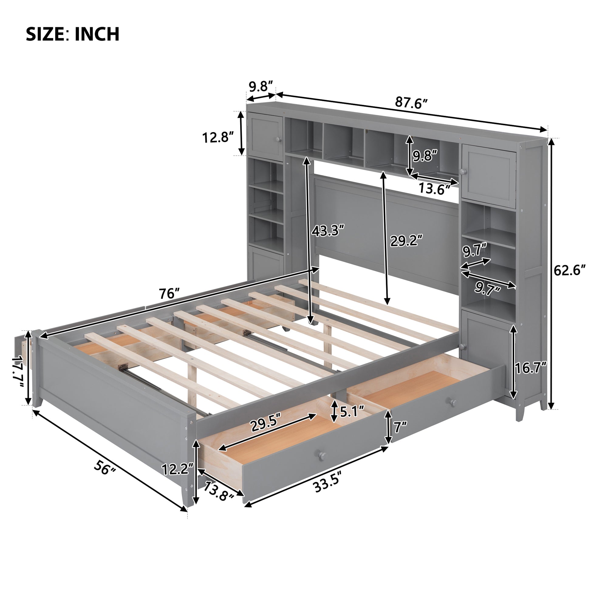Full Size Wooden Bed With All In One Cabinet And Shelf, Gray Full Gray Solid Wood