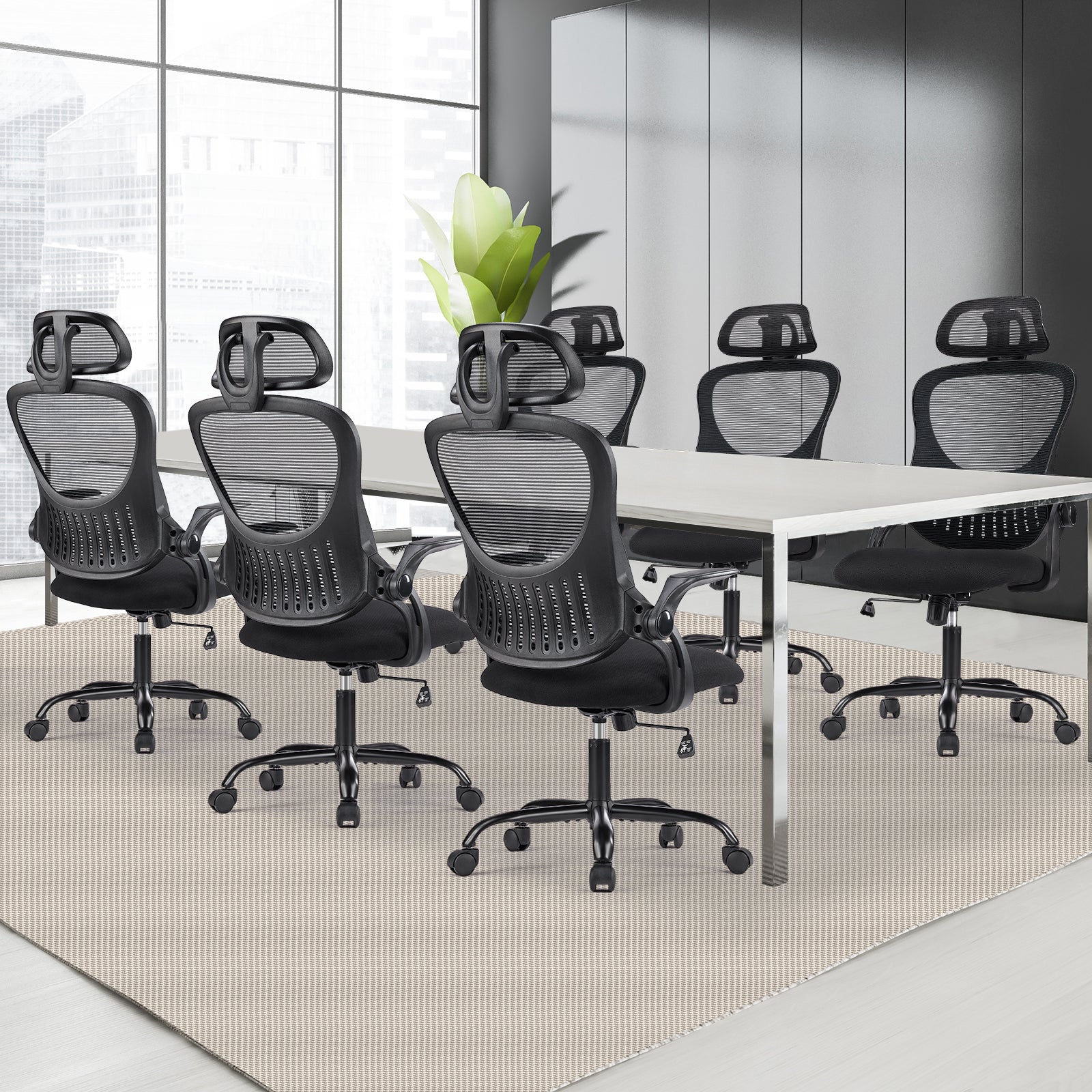 Office Chair, Comfortable Swivel Chair With High Back, Wheels, Adjustable Headrest, Comfortable Lumbar Support, Flip Arm, Black Black Stainless Steel