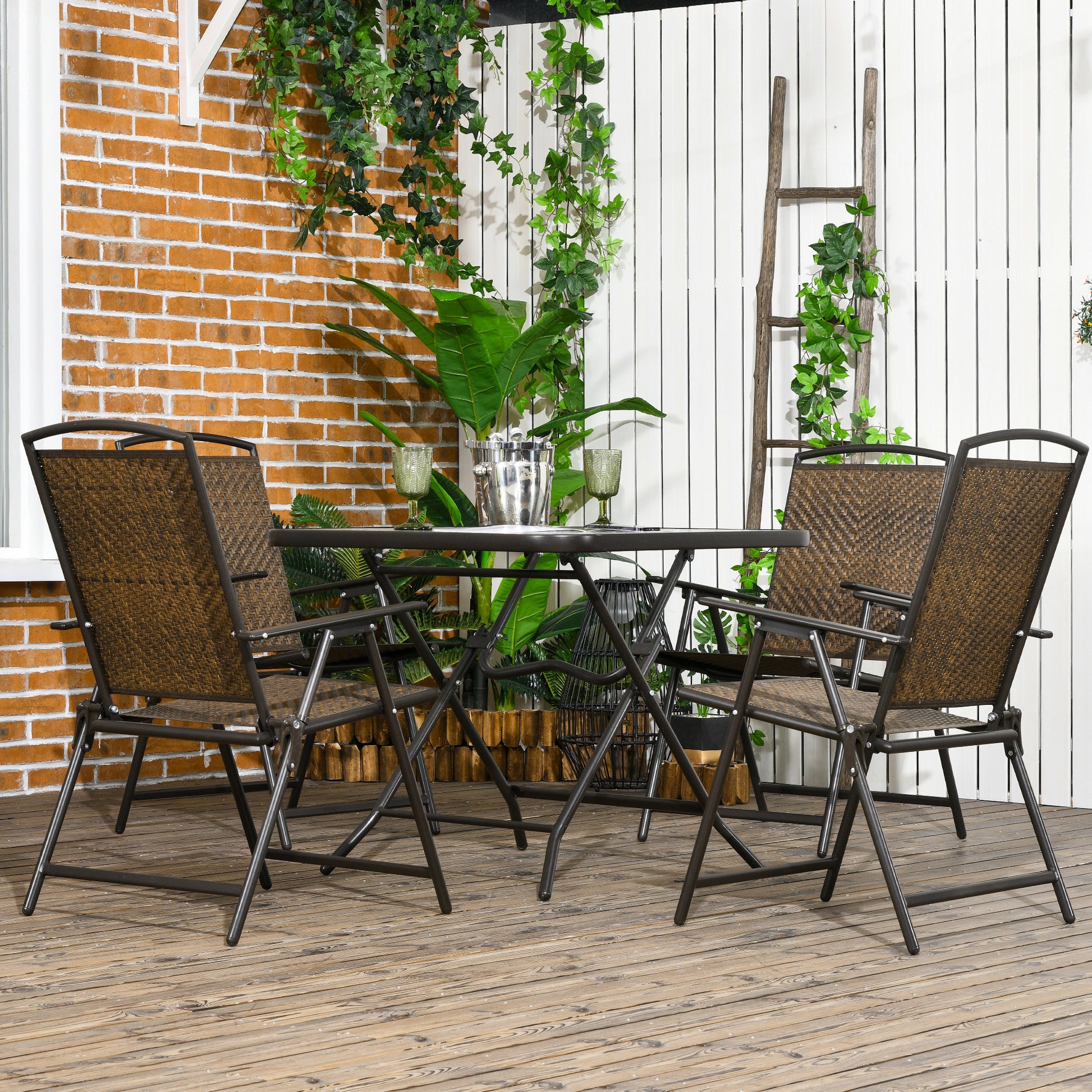 Outsunny 5 Pieces Wicker Patio Dining Set, Foldable Outdoor Table And Chairs, Wicker Furniture Dining Set With Umbrella Hole, Tempered Glass Table, Dark Brown Brown Rattan