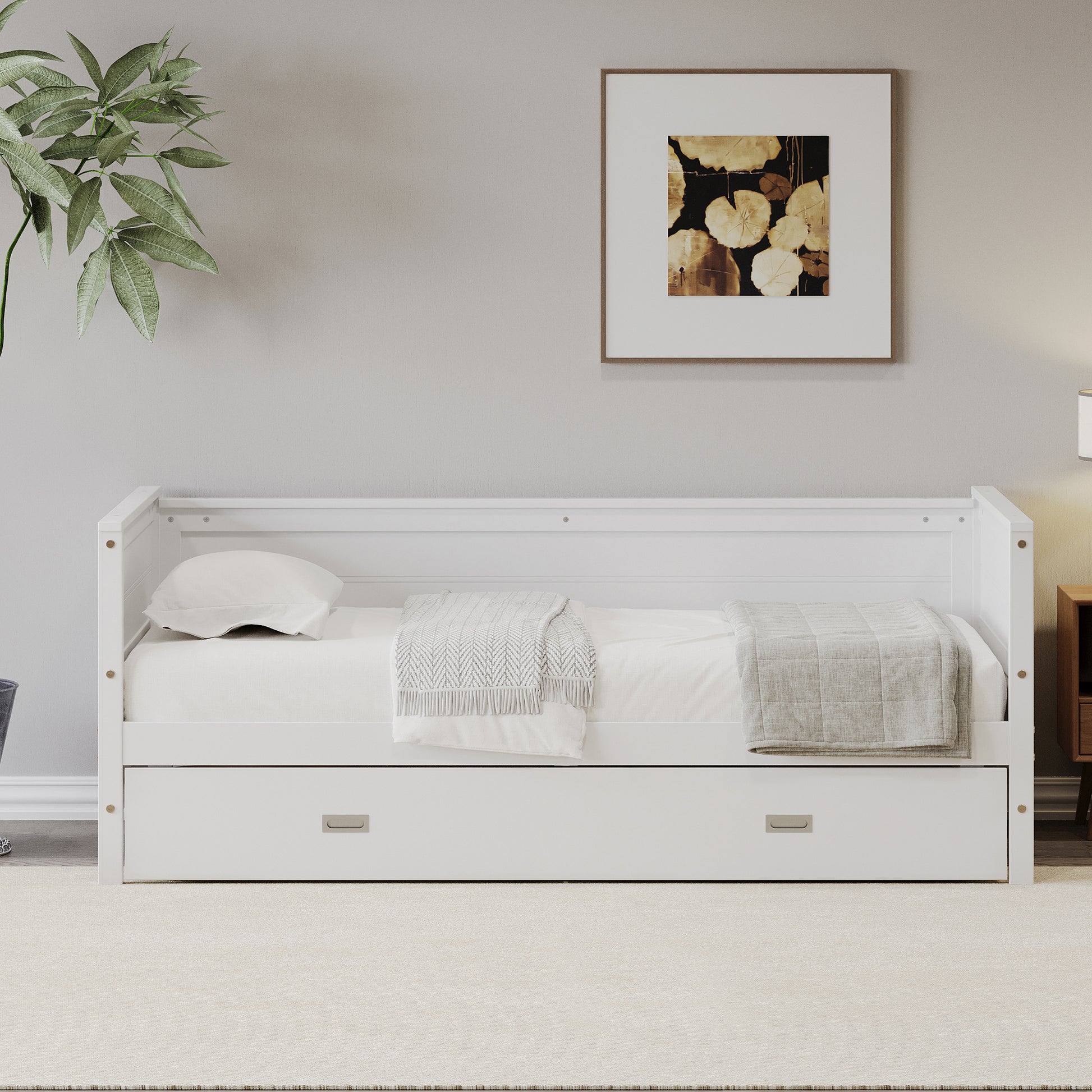 Twin Size Solid Wood Daybed With Trundle For Kids Teens Dorm Bedroom Multipurpose Guest Room Or Home, White Box Spring Not Required Twin White Wood Bedroom Pine Wood
