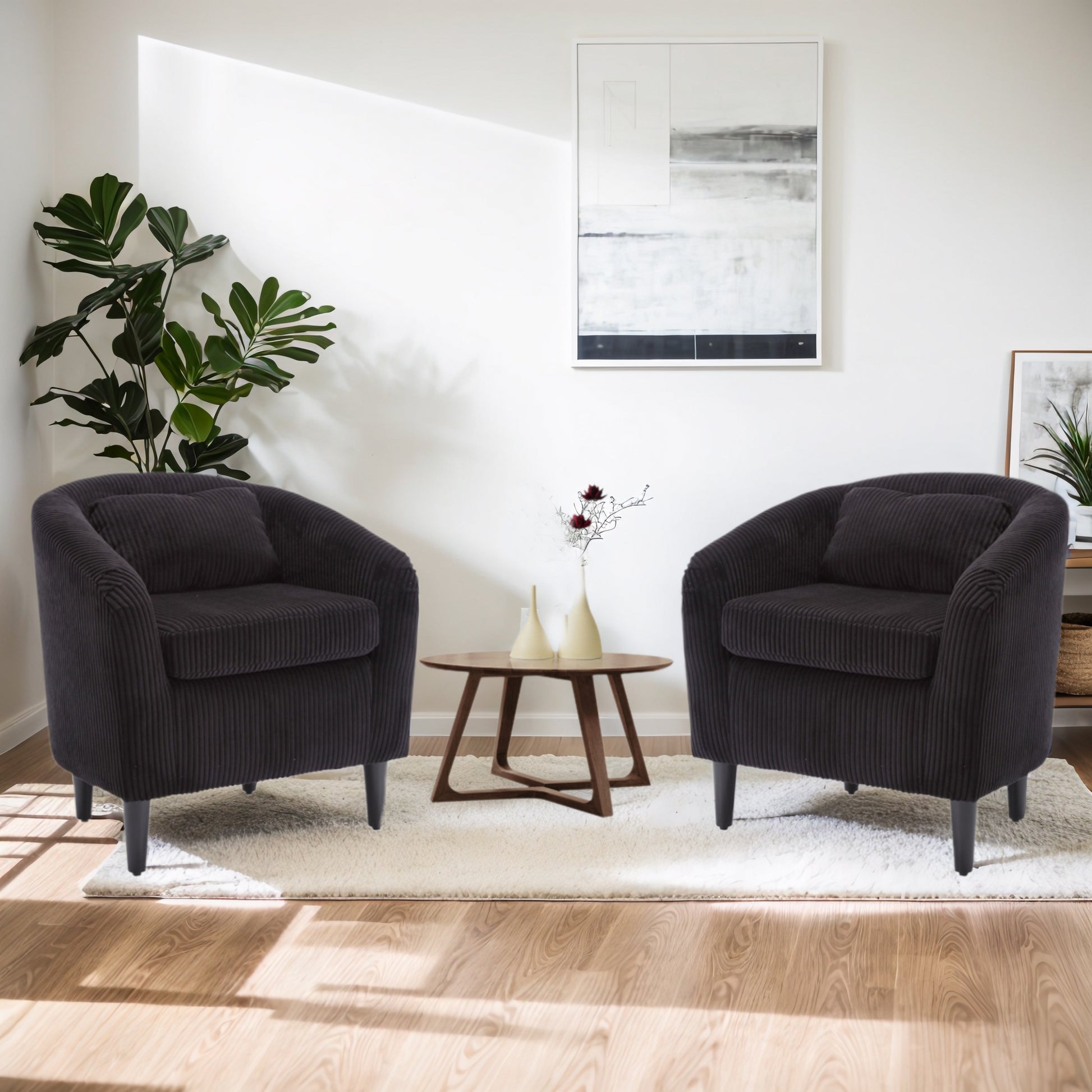 Coolmore Living Room Accent Barrel Chair, Century Modern Style Decorative Chair, Armchair For Living Room With Thick Cushions And Pillows, Comfy Single Sofa Chair, Chair With Wooden Legs,Black Black Corduroy