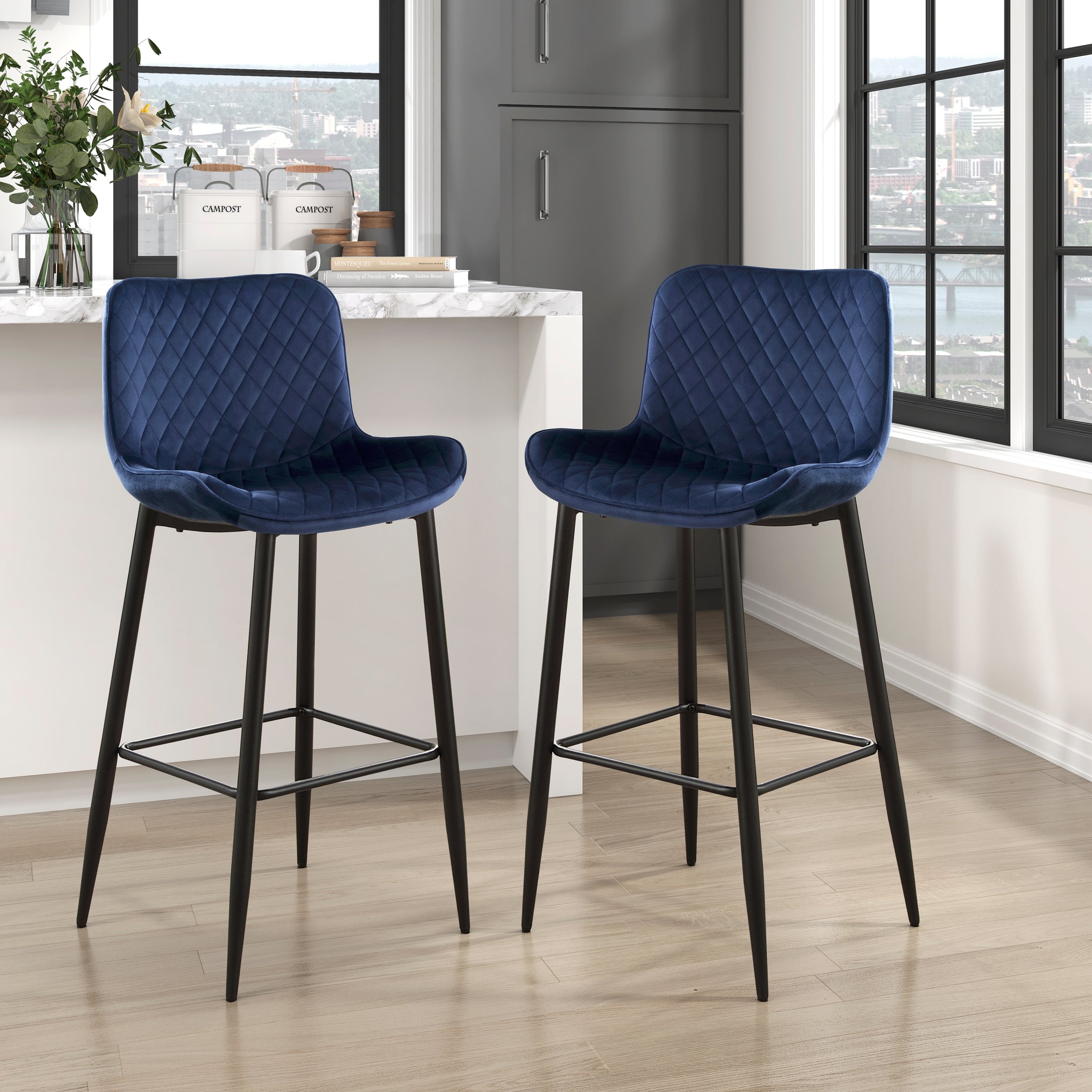 Set Of 2 Pub Height Chairs Dark Blue Velvet Upholstery Modern Casual Dining Furniture Metal Legs, 29 Inch Seat Height, Bar Chairs Blue Metal