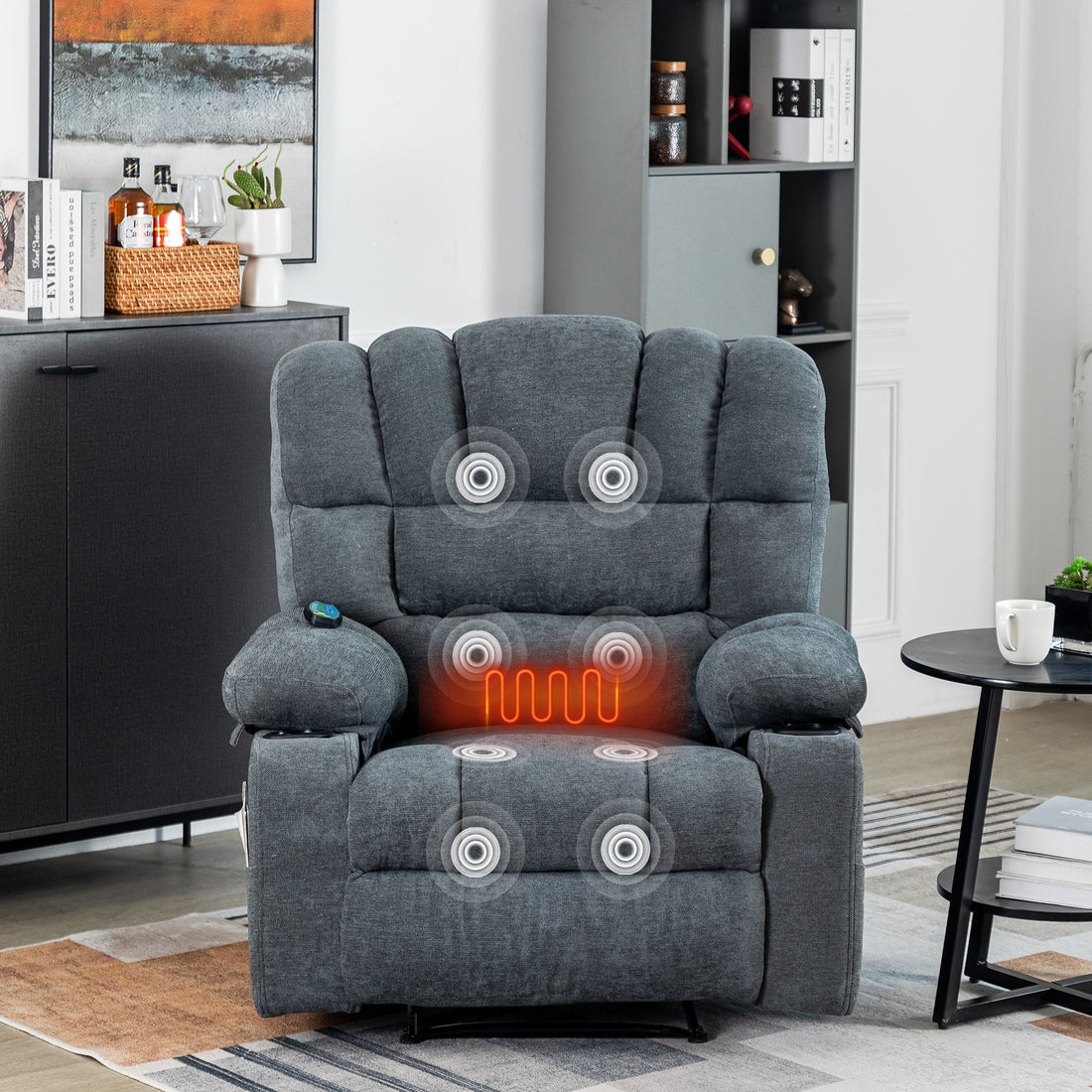 Massage Recliner Chair Sofa With Heating Vibration Grey Chenille Manual Handle Metal Primary Living Space Soft Cushion Back American Design,American Traditional,Classic,Minimalist,Modern Pillow Top