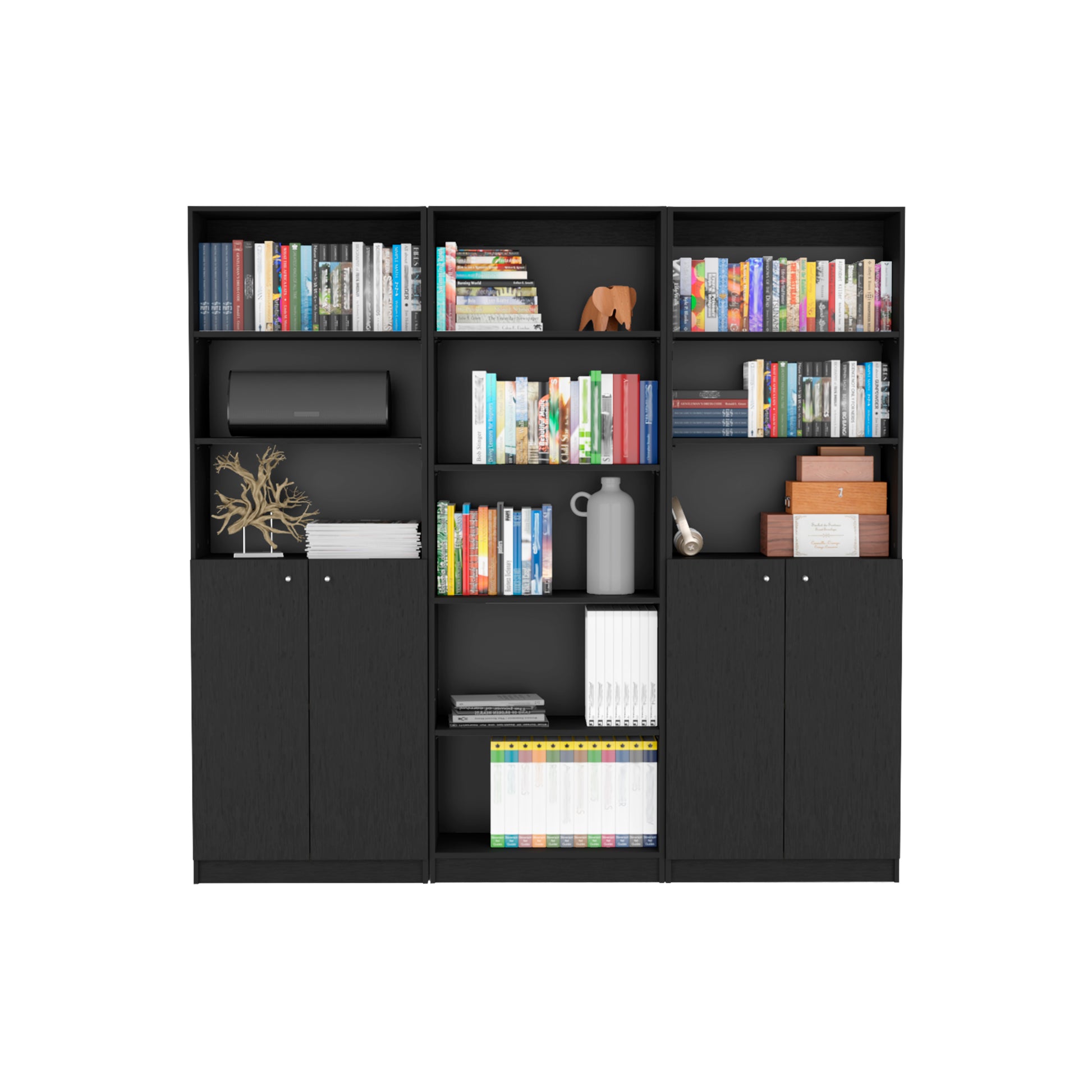 Arbor 3 Piece Home Bookcase Set, 74" Wide With 11 Shelves And Two Double Door Cabinetliving Room Set Set Black Black Office Modern Particle Board
