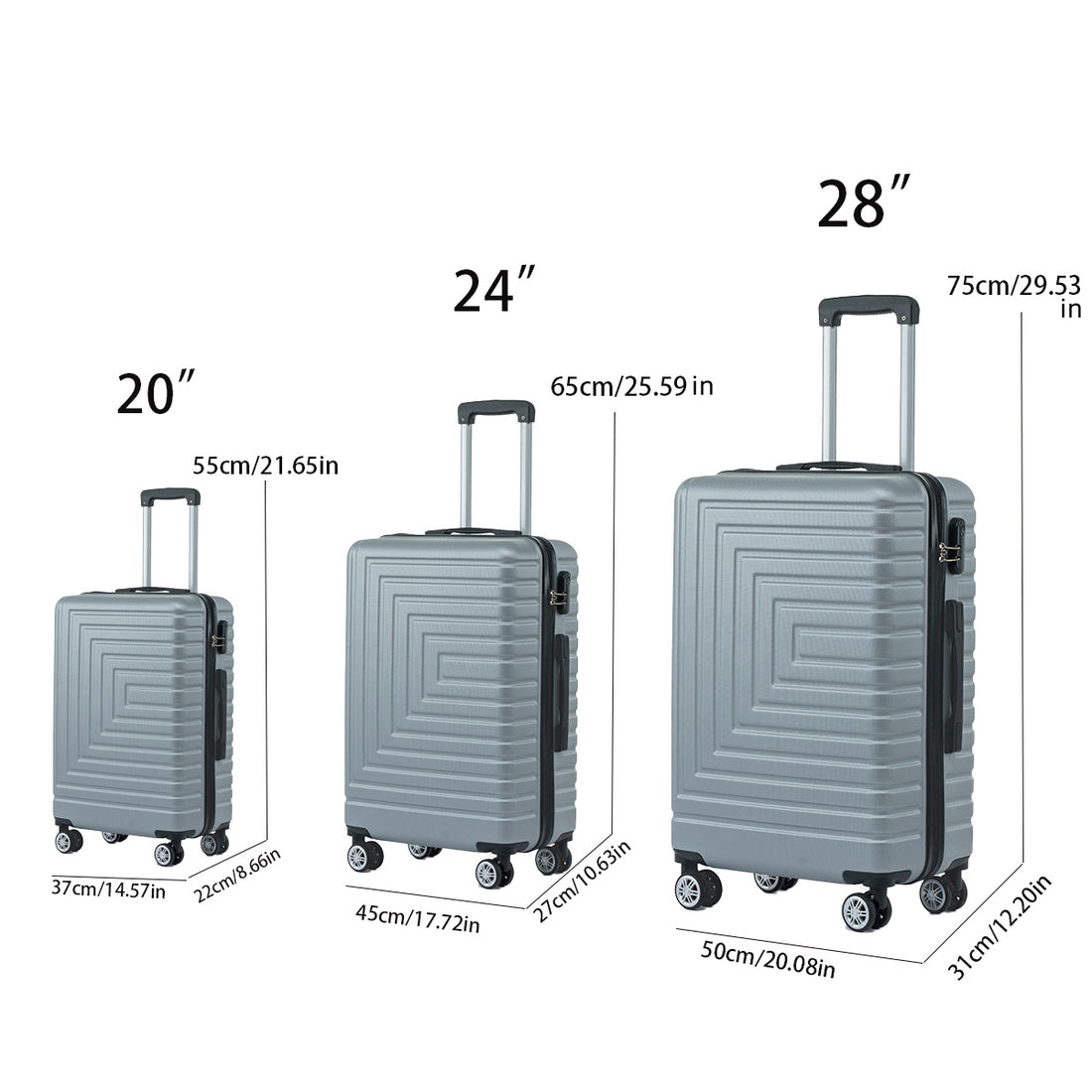 Luggage Set Abs Material Travel Suitcase Set With Spinner Wheels For Men Women, 20'' 24'' 28'' Silver Grey Abs