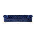 Reno Joni 97 Inch Modern Sofa, Chesterfield, Velour Fabric, Blue, Gold Blue Fabric Metal 3 Seat