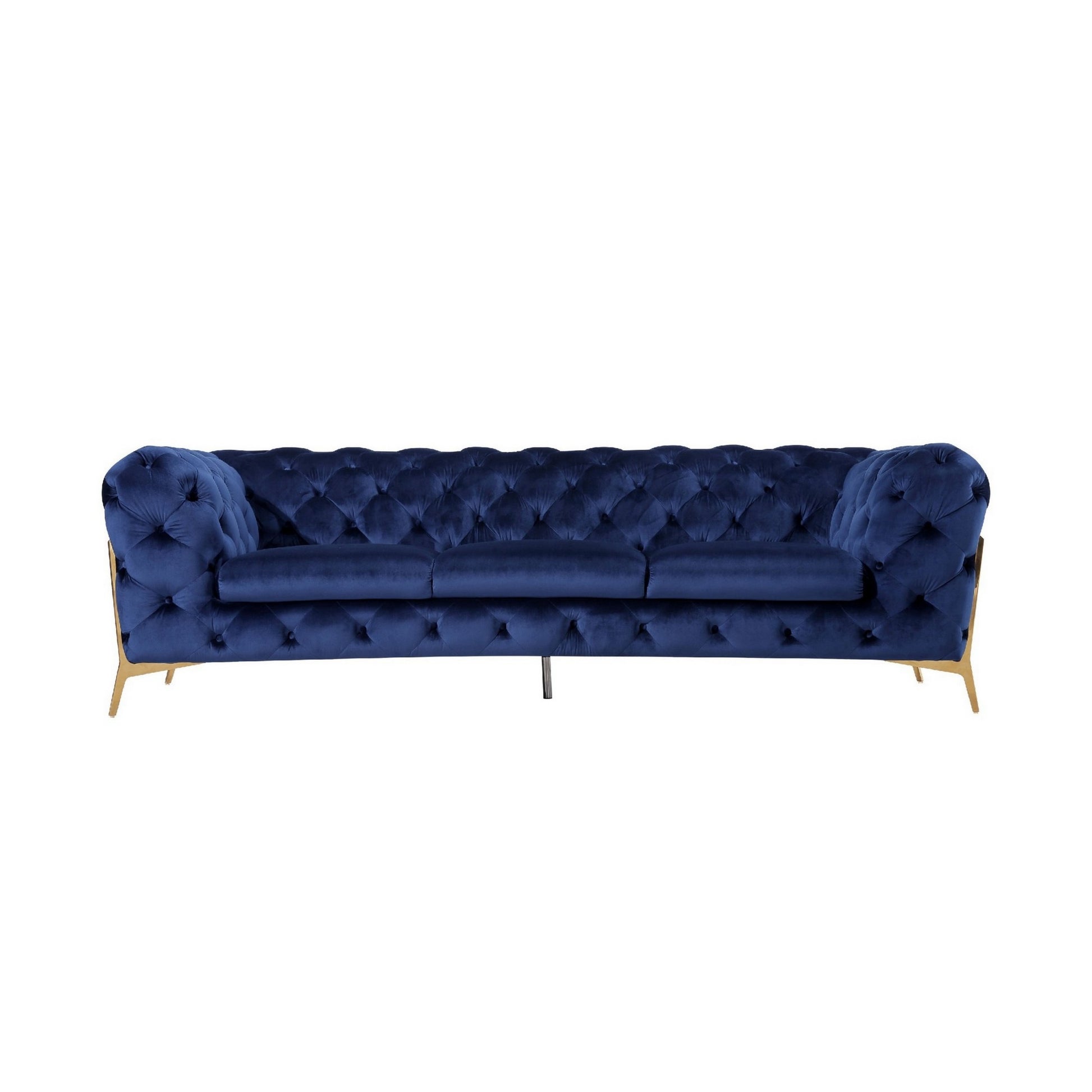 Reno Joni 97 Inch Modern Sofa, Chesterfield, Velour Fabric, Blue, Gold Blue Fabric Metal 3 Seat