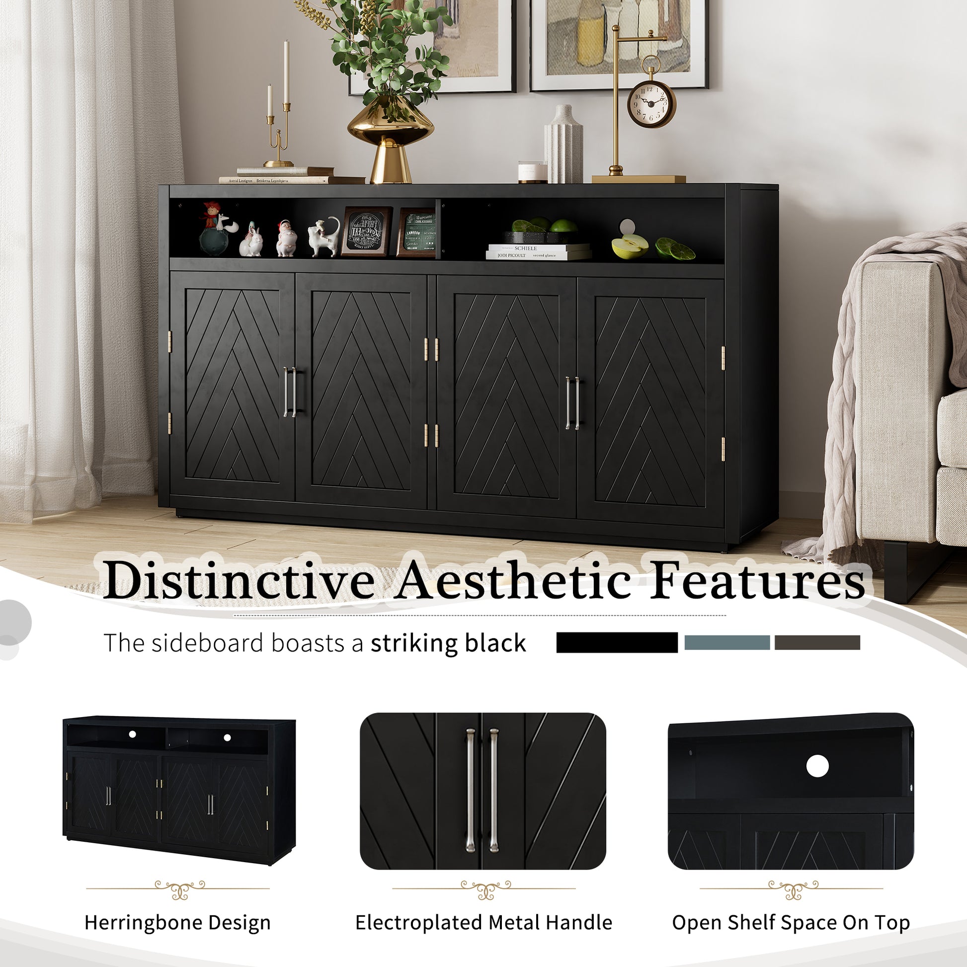 4 Door Classic Sideboard With Open Storage And Adjustable Shelves Perfect For Kitchens, Living Rooms Black Black Mdf