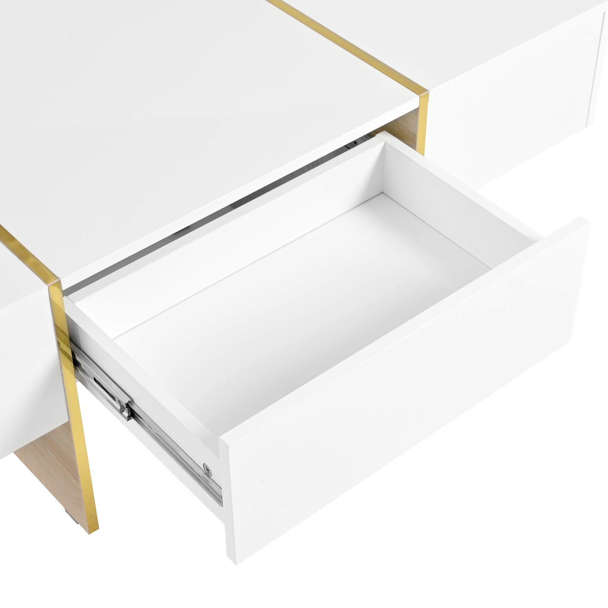 47.2'' X 31.4''Minimalist High Gloss Coffee Table With 2 Drawers, Multi Storage Rectangle Sofa Table With Golden Wood Grain Legs, Modern Center Table For Living Room, White White Particle Board Mdf