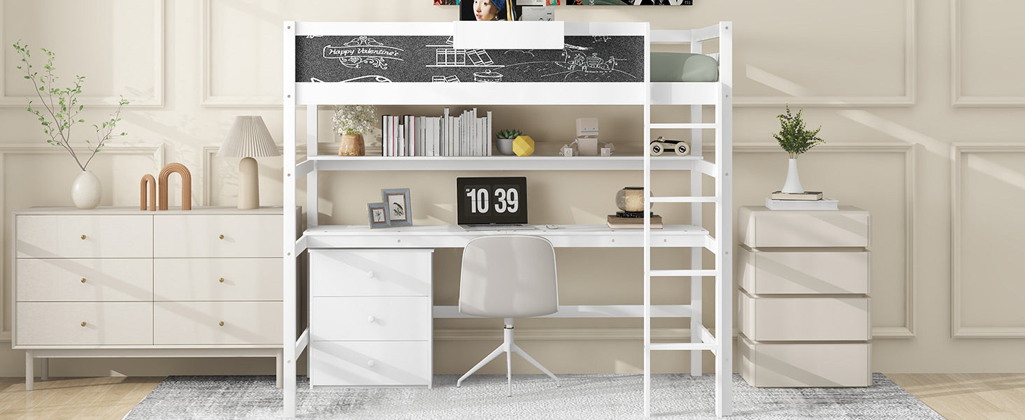 Wood Twin Size Loft Bed With Desk, Blackboard, Storage Box, Shelf And 3 Drawers, White Box Spring Not Required Twin White Wood Solid Wood Mdf