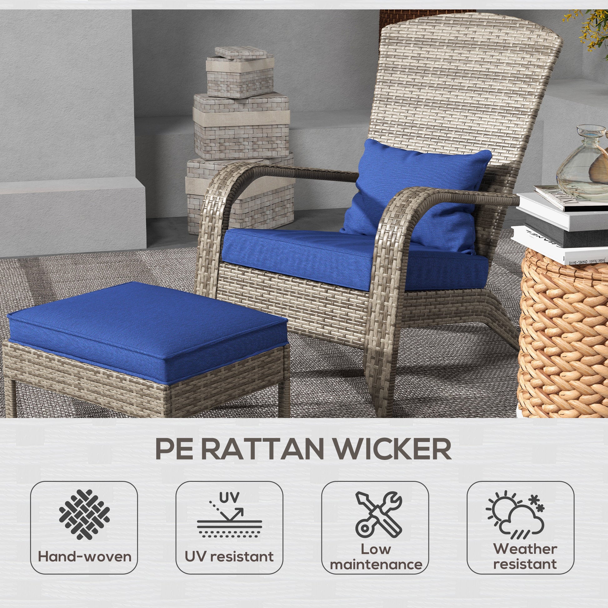 Outsunny Patio Wicker Adirondack Chair With Ottoman, Outdoor Fire Pit Chair With Cushions, High Back, Large Seat & Armrests For Deck, Garden & Backyard, Dark Blue Blue Steel