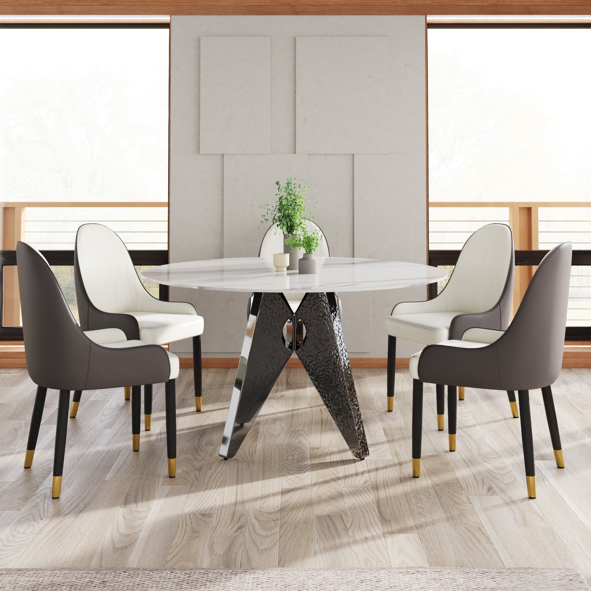 53" Round Marble Dining Table With Silver Stainless Steel Design Base, Artificial Marble For 6 People, Dining Room Living Room Kitchen Dining Table,White Dining Table Only Silver,White Dining Room