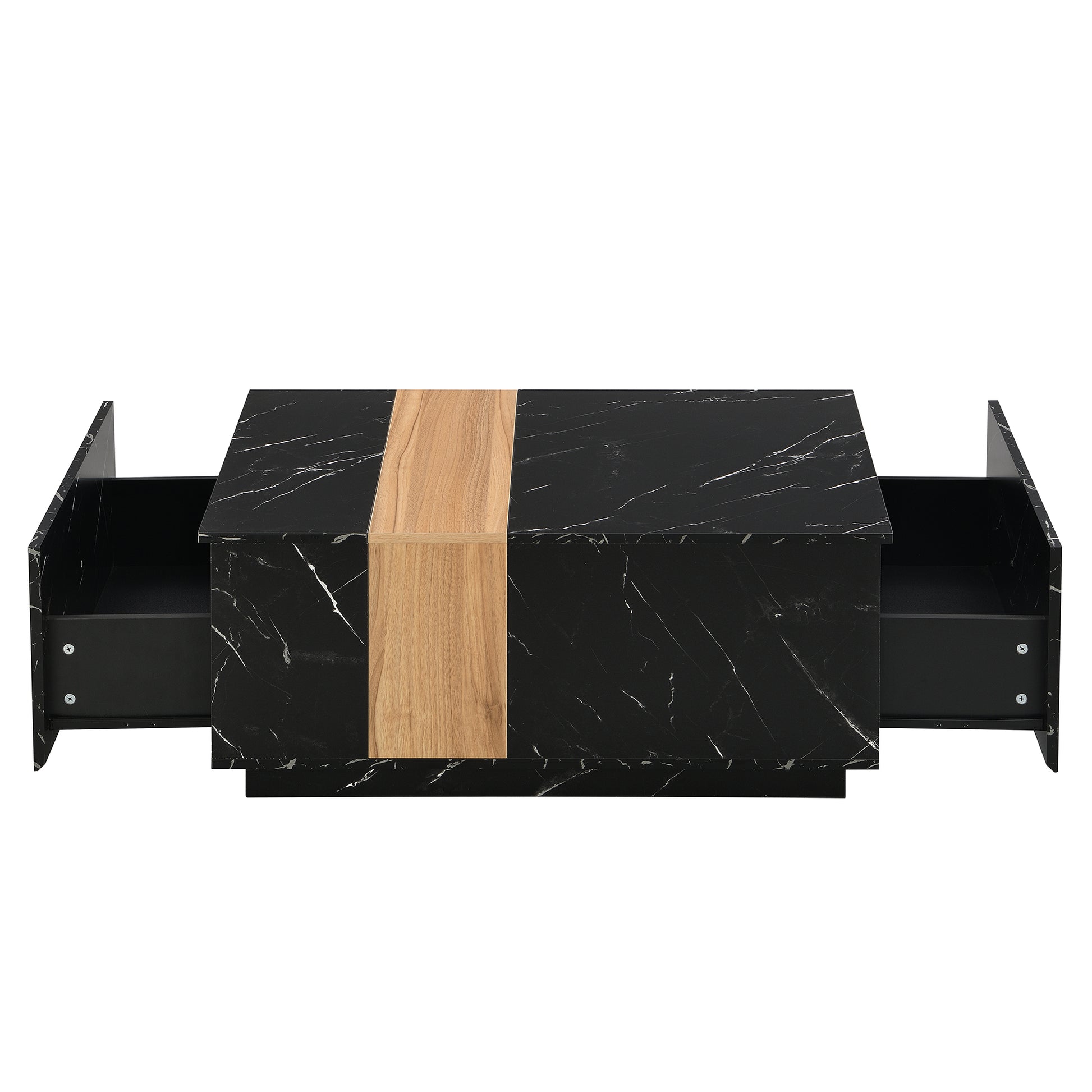 Modern 35.4 X 23.6 Inch Two Tone Coffee Table With Faux Marble And Walnut Wood Grain Finish, Rectangular Center Table With 2 Storage Drawers, Practical Cocktail Table For Living Room, Black Black Primary Living Space Drawers Rectangular Particle Board