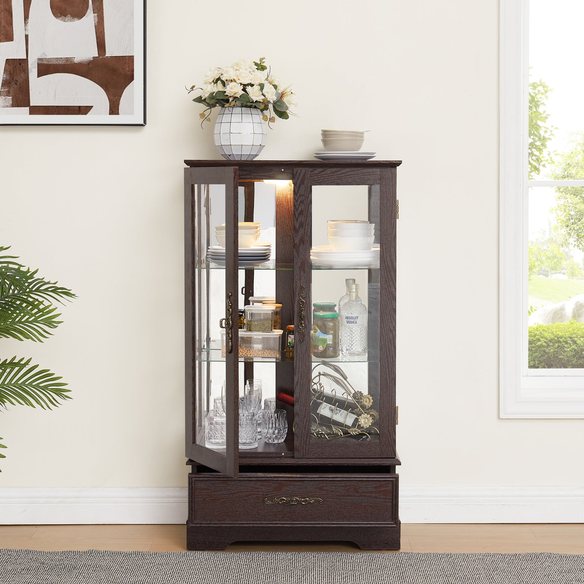 Glass Cabinet Lighted Glass Cabinet Curio Display Cabinet With Adjustable Glass Shelves 2 Doors And 1 Drawer Cabinet Bulb Included Cherry Cherry Mdf Glass